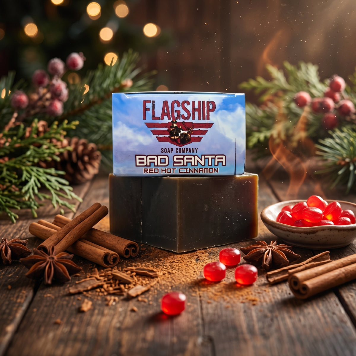 Bad Santa Red Hot Cinnamon soap with cinnamon sticks, star anise and red candies on wood