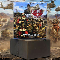 Bad Santa Christmas Soap box with tactical Santa and reindeer, desert helicopter backdrop