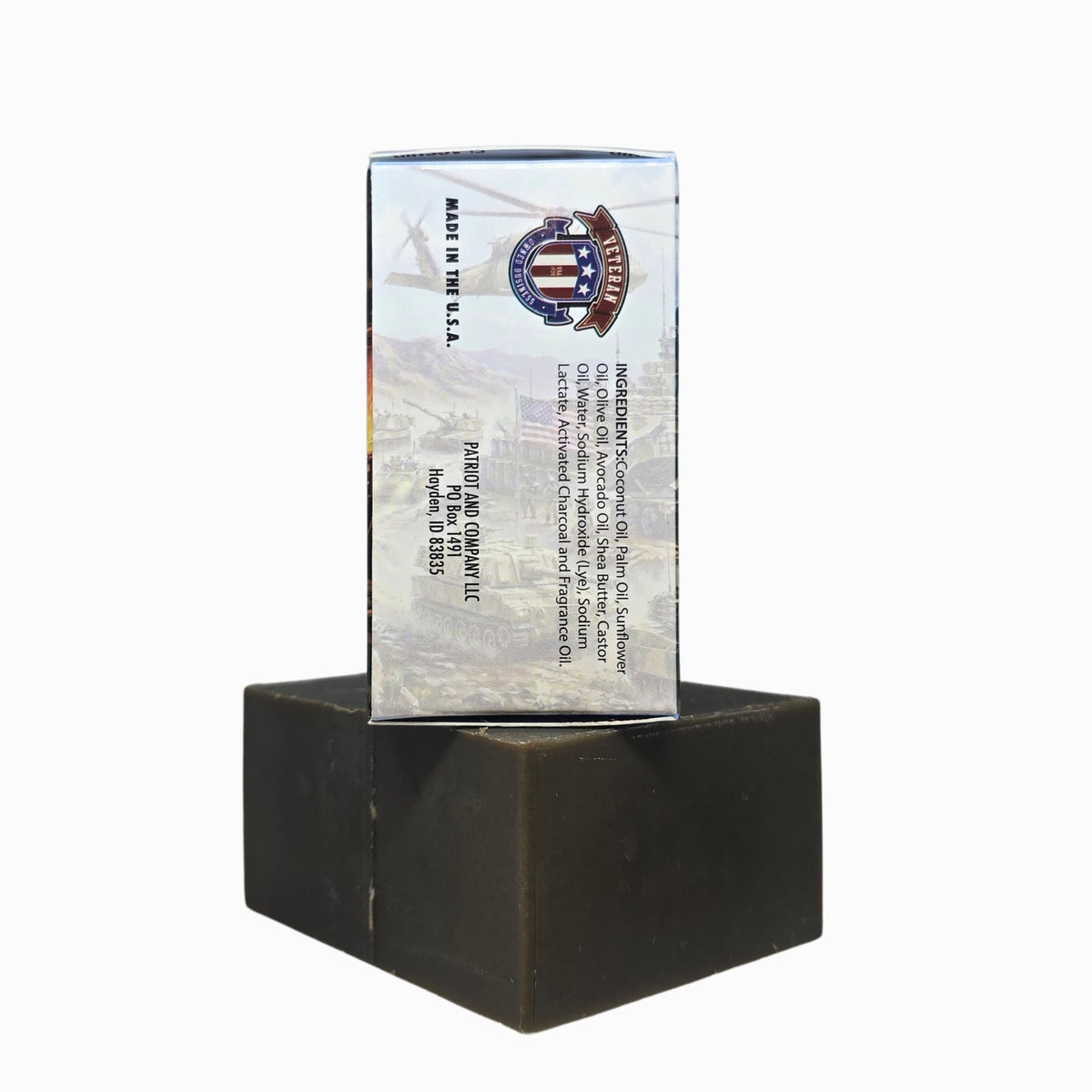 Bad Santa soap box side panel with ingredients, veteran-owned badge and Made in the USA
