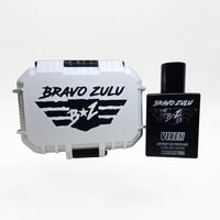 Bravo Zulu VIXEN Extrait de Parfum by Flagship Soap Company displayed side by side with its closed white rugged tactical case featuring the black BRAVO ZULU B★Z winged logo, on a clean white studio background.