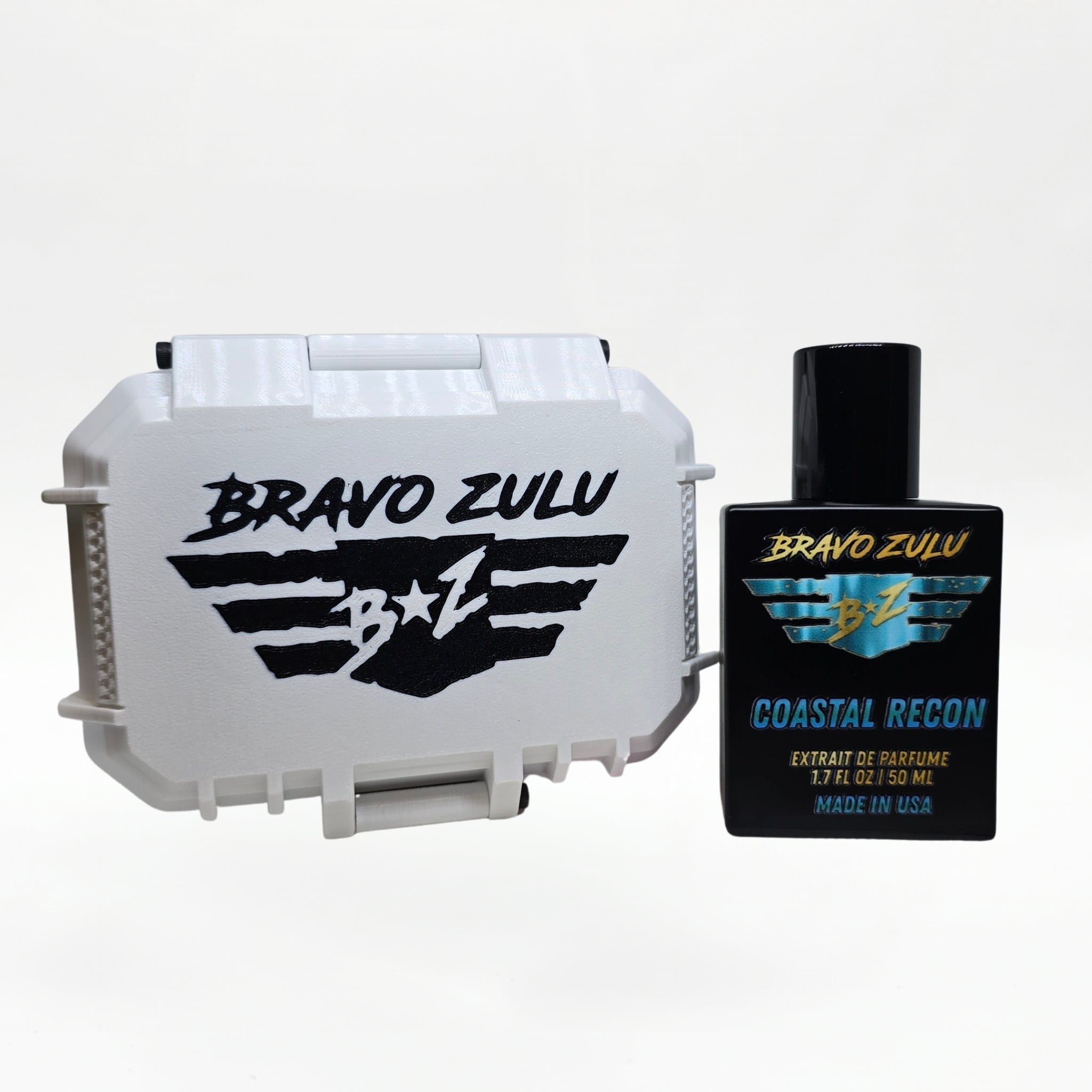 Bravo Zulu COASTAL RECON Extrait de Parfum by Flagship Soap Company displayed side by side with its closed white rugged tactical case featuring the black BRAVO ZULU B★Z winged logo, on a clean white studio background.