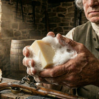 Macro view of George Washington's hands covered in rich cannon blast lather, holding a 5.56 oz bar of 1776 Bay Rum Natural Soap next to a colonial flintlock pistol and quill pen, in 1776.