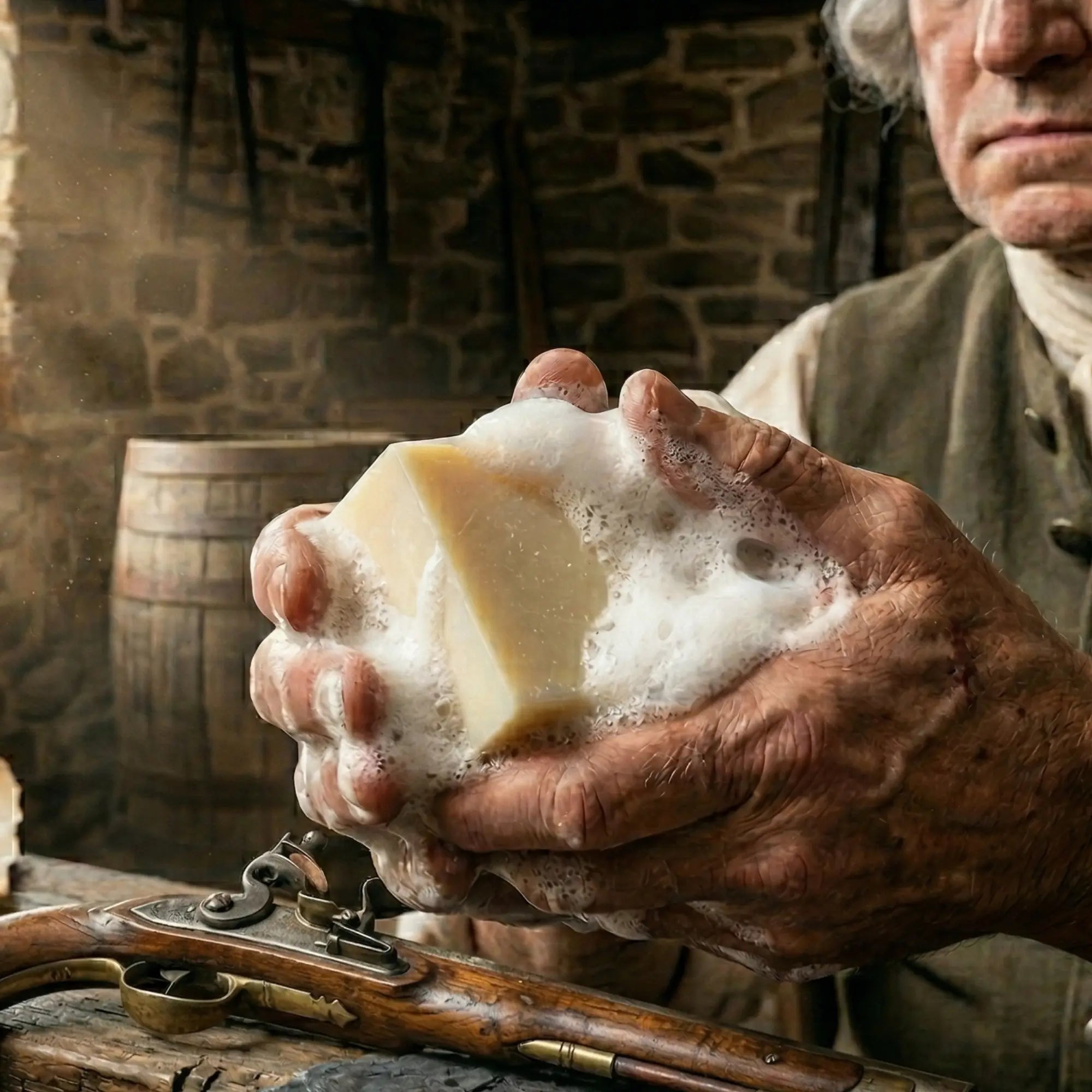 Macro view of George Washington's hands covered in rich cannon blast lather, holding a 5.56 oz bar of 1776 Bay Rum Natural Soap next to a colonial flintlock pistol and quill pen, in 1776.