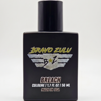 Black cologne bottle labeled 'Bravo Zulu Breach' on a white background