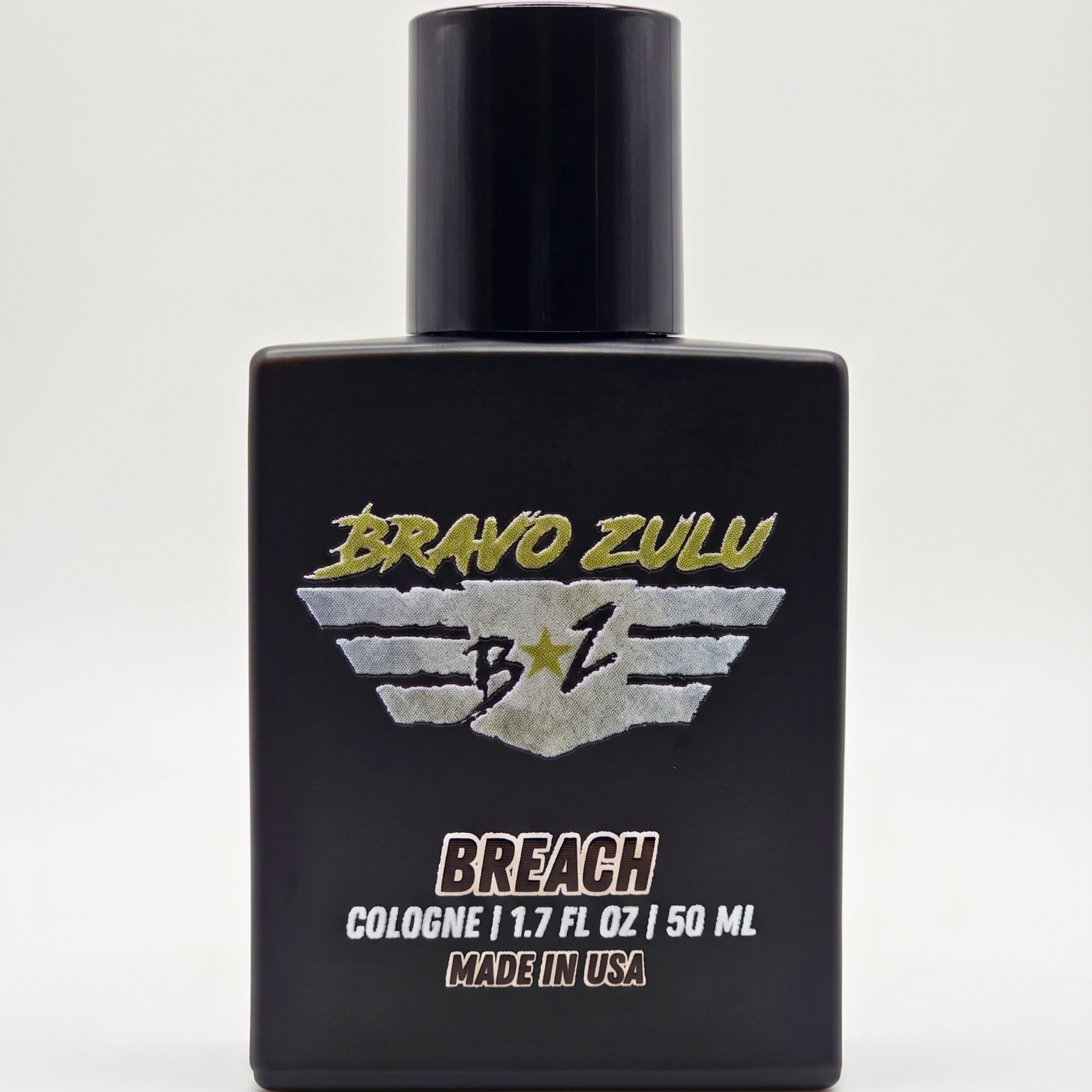 Black cologne bottle labeled 'Bravo Zulu Breach' on a white background