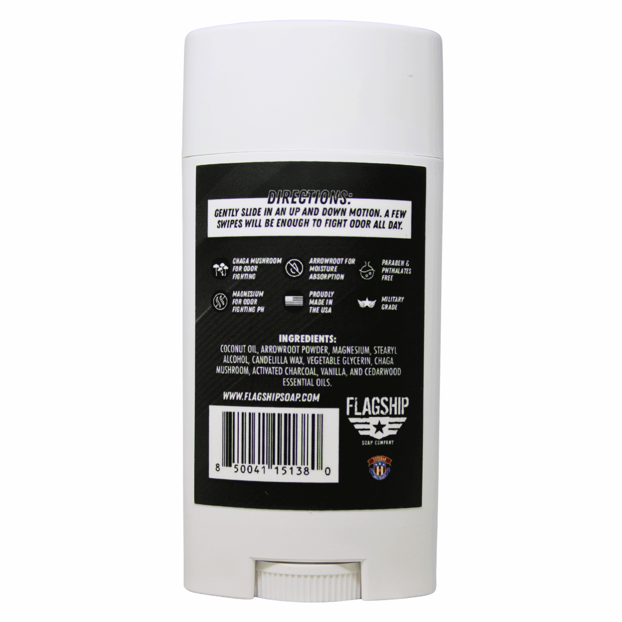Back Label: Ingredient list and product details for Vendetta Vanilla & Cedarwood Natural Deodorant.