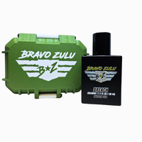 Bravo Zulu cologne bottle and green carrying case on a white background