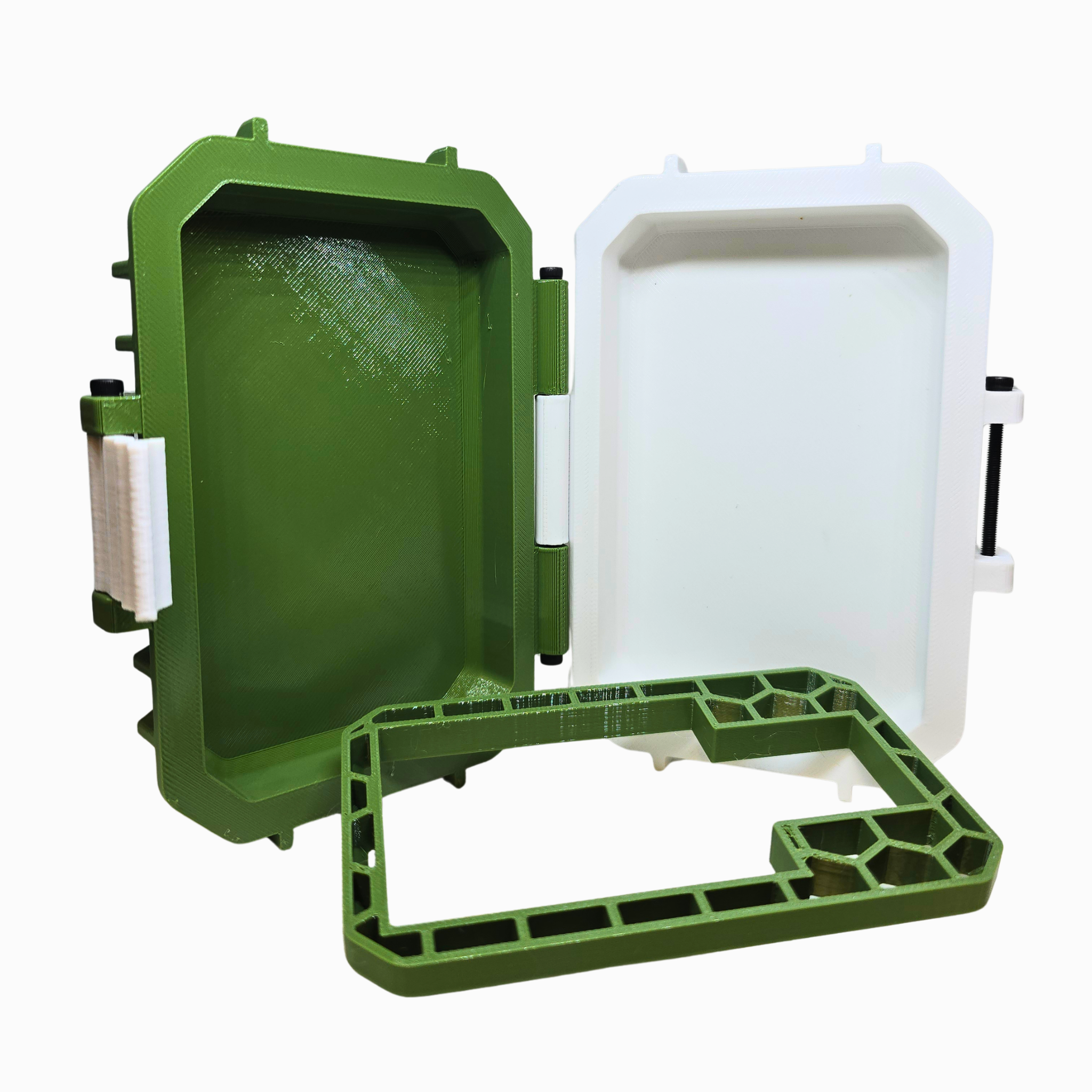 Green and white plastic container with a lid on a white background
