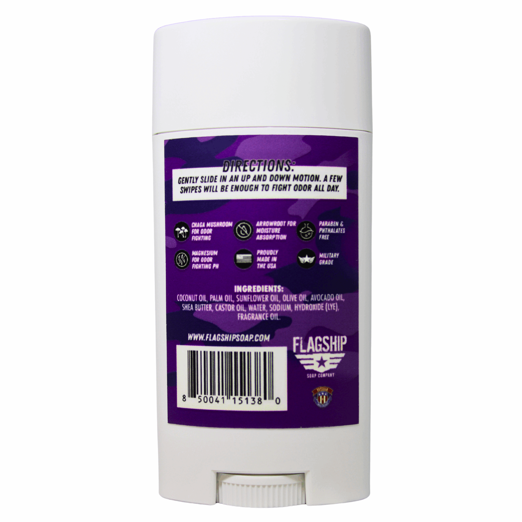 Back of product: Ingredients and features of Angry Charlie Natural Deodorant.
