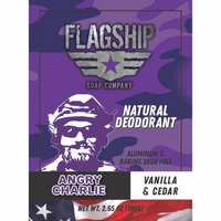 Front Label: Angry Charlie Vanilla & Cedarwood Natural Deodorant in a bold, striking design.