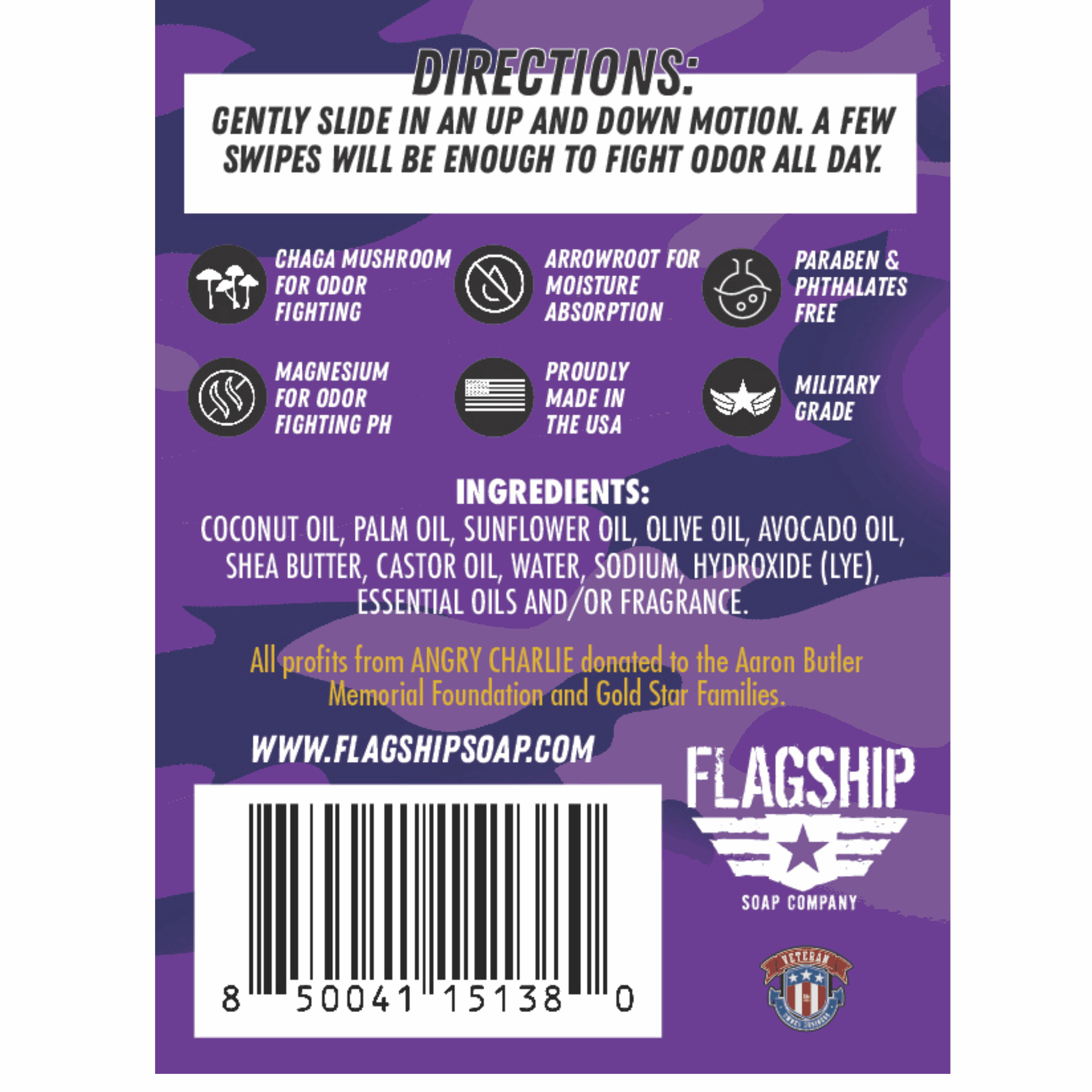 Back Label: Ingredients and features of Angry Charlie Natural Deodorant.