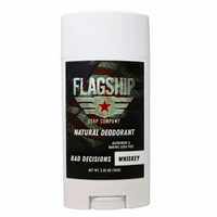 Front of product: Bad Decisions Whiskey & Sandalwood Natural Deodorant in premium packaging.