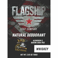 Front Label: Bad Decisions Whiskey & Sandalwood Natural Deodorant in premium packaging.