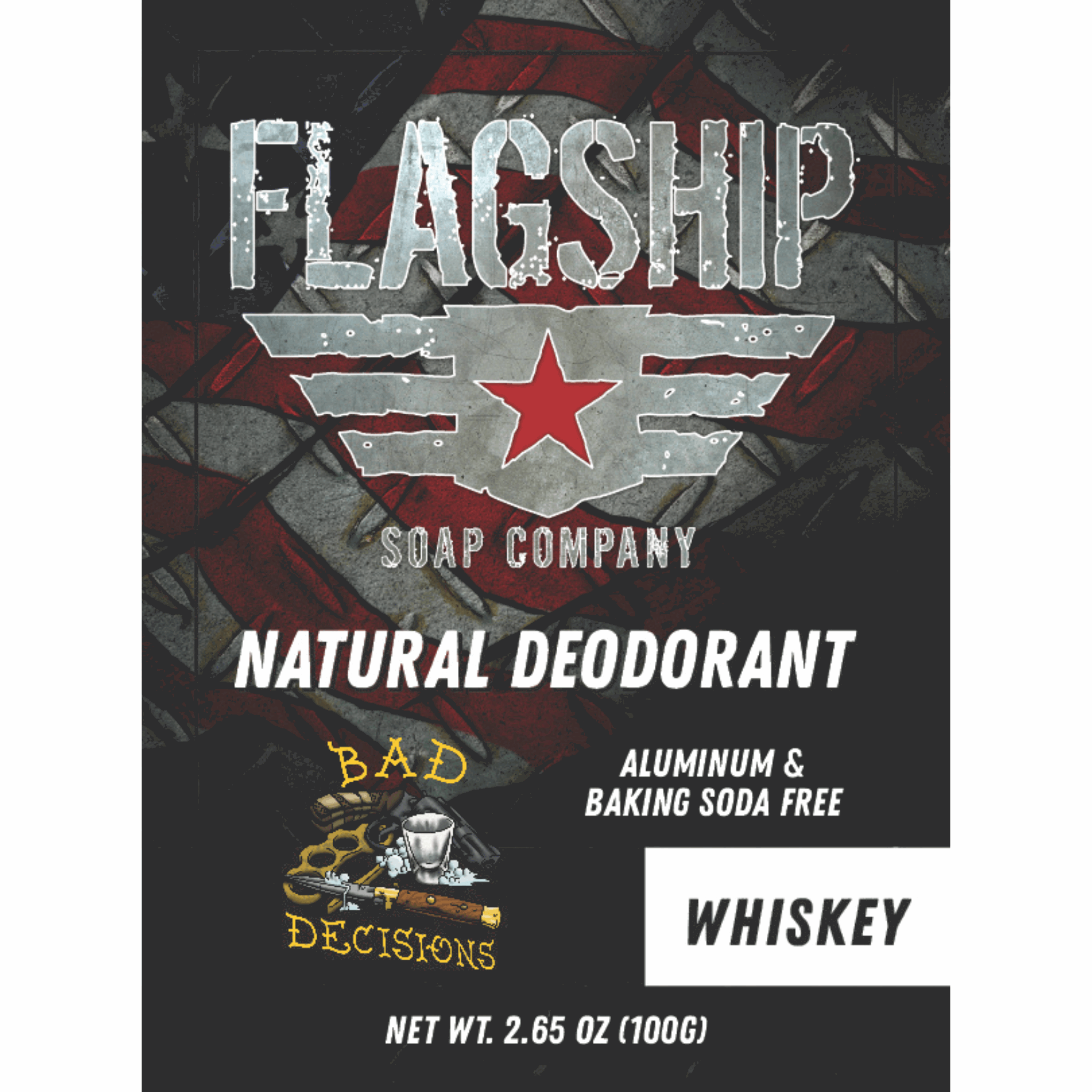 Front Label: Bad Decisions Whiskey & Sandalwood Natural Deodorant in premium packaging.