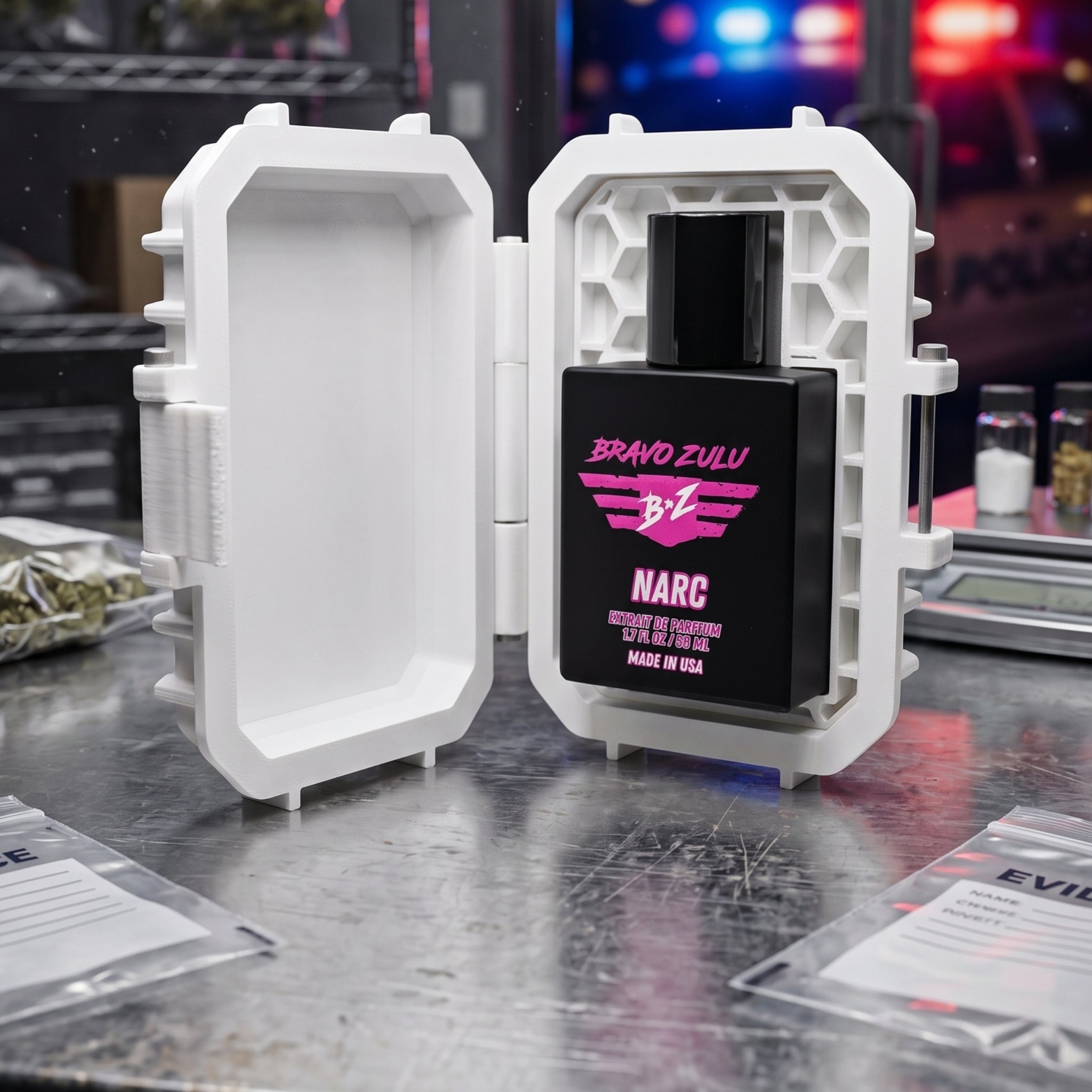 Hero shot of Bravo Zulu NARC Extrait de Parfum cologne inside an open white custom tactical case on a metal evidence table. The matte black glass bottle features vibrant pink and white branding. The high-stakes law enforcement drug investigator background includes plastic evidence bags, a scale, shelved contraband, and blurry red and blue police cruiser lights in the window.