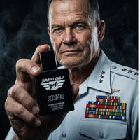 A powerful product portrait for Bravo Zulu’s SEMPER Extrait de Parfum, featuring an imposing, distinguished military general inspired by Lieutenant General Lewis "Chesty" Puller. He is wearing a formal light-colored dress uniform adorned with multi-colored medal ribbons and three stars on the collar, holding up the tactical matte black glass cologne bottle. The background is a dark, dramatic setting filled with swirling black smoky wisps, perfectly channeling the heavy-duty, elite essence of the fragrance's