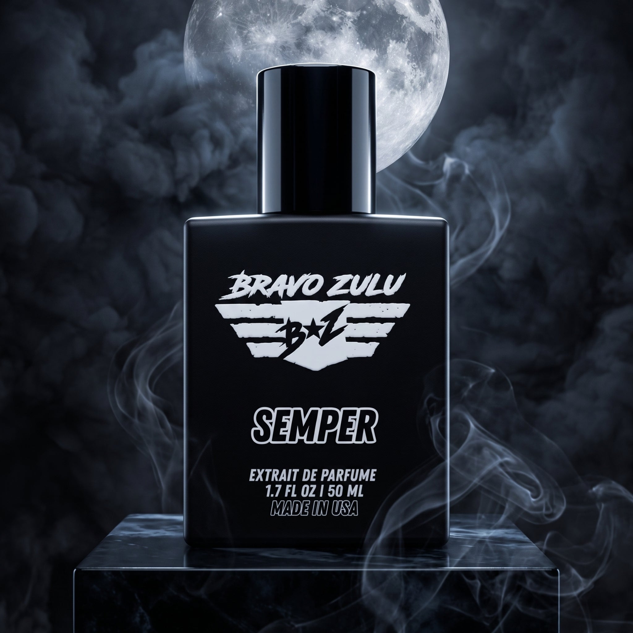 A tactical product image of SEMPER Extrait de Parfum by Bravo Zulu. The heavy matte black glass bottle sits prominently on a dark, polished marble pedestal under a large, detailed full moon. Thick, dramatic black smoke and atmospheric mist swirl around the bottle, capturing the raw essence of its cold ocean marine and rugged earthy woods scent profile. The bottle features clean, high-contrast white branding with a flight-wing logo, engineered for a commanding, unyielding presence.