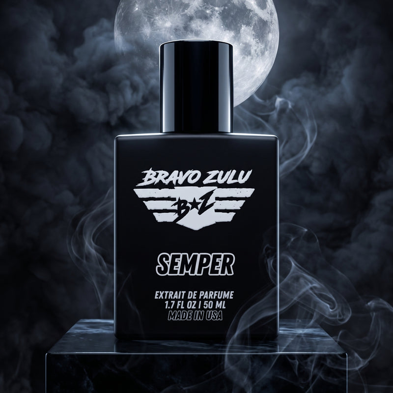 A tactical product image of SEMPER Extrait de Parfum by Bravo Zulu. The heavy matte black glass bottle sits prominently on a dark, polished marble pedestal under a large, detailed full moon. Thick, dramatic black smoke and atmospheric mist swirl around the bottle, capturing the raw essence of its cold ocean marine and rugged earthy woods scent profile. The bottle features clean, high-contrast white branding with a flight-wing logo, engineered for a commanding, unyielding presence.