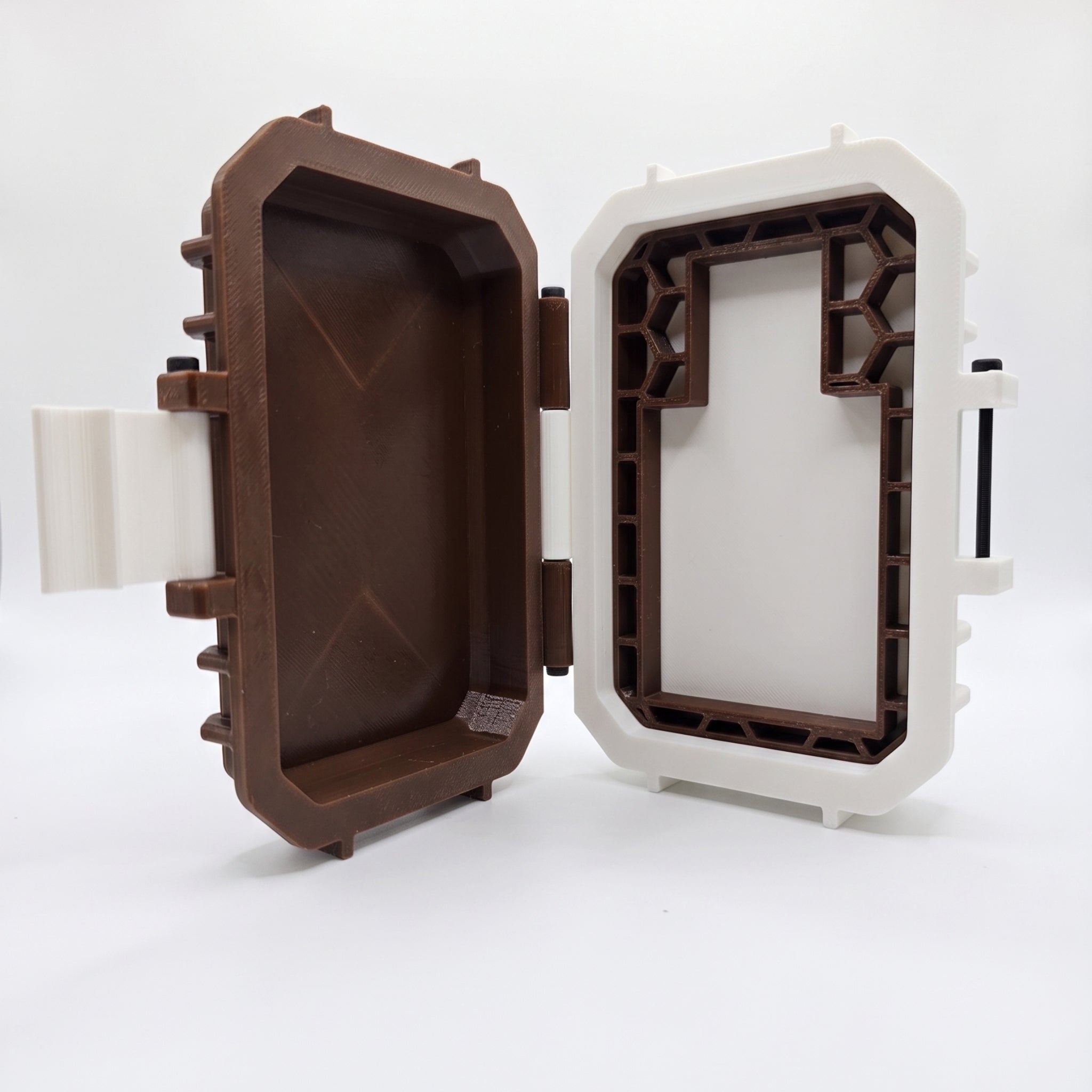 Empty custom tactical storage case for Flagship Soap Company's Whiskey Girl perfume. An open, rugged protective travel case built with a Bourbon Brown lid and white accents, showcasing a precision-molded internal frame engineered to lock in a 40ml bottle of 30% concentration Extrait de Parfum, displayed on a minimalist white backdrop.