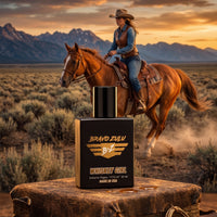 A prominent, front-facing product shot of the Bravo Zulu Whiskey Girl Extrait de Parfum bottle sits anchored on a distressed leather surface, featuring warm amber liquid drops. In the background, a woman in Western attire—cowboy hat, leather vest, and denim—rides a light-brown horse across a sagebrush desert valley during a vibrant sunset over mountains. The scene captures the scent’s untamed depth, inspired by the rugged independence of the American heartland.