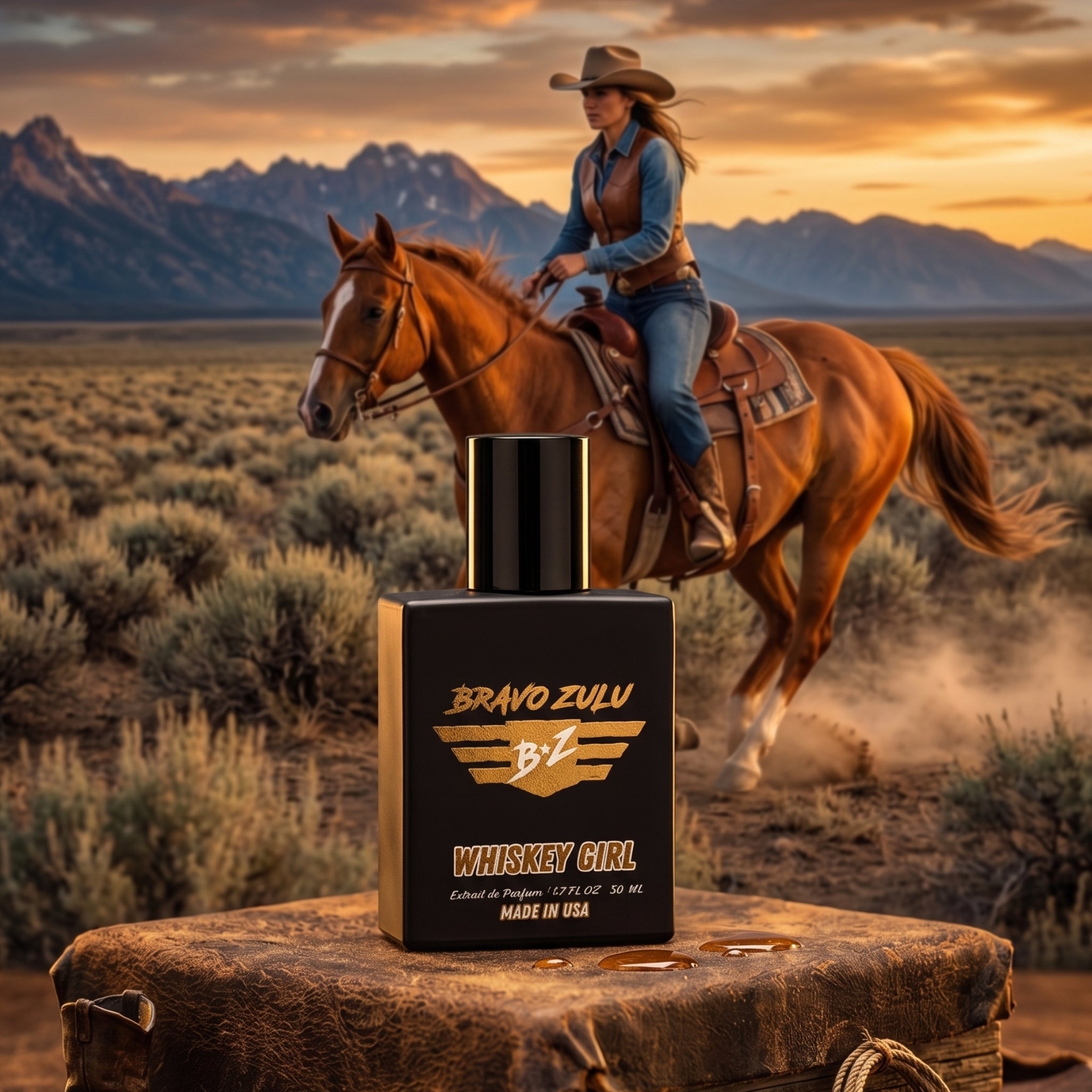 A prominent, front-facing product shot of the Bravo Zulu Whiskey Girl Extrait de Parfum bottle sits anchored on a distressed leather surface, featuring warm amber liquid drops. In the background, a woman in Western attire—cowboy hat, leather vest, and denim—rides a light-brown horse across a sagebrush desert valley during a vibrant sunset over mountains. The scene captures the scent’s untamed depth, inspired by the rugged independence of the American heartland.