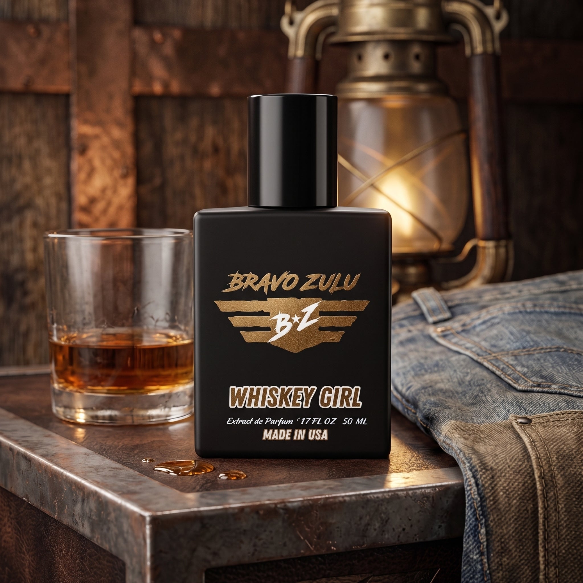 Lifestyle product shot of Whiskey Girl Extrait de Parfum by Flagship Soap Company. The tactical matte black glass bottle is positioned prominently on a weathered wood and steel table alongside a lowball glass of whiskey and spilled amber drops. The background captures a warm, blue-collar Americana dive bar aesthetic with a pair of rugged denim jeans, a canvas jacket, and a glowing vintage brass lantern illuminating weathered wooden wall paneling.