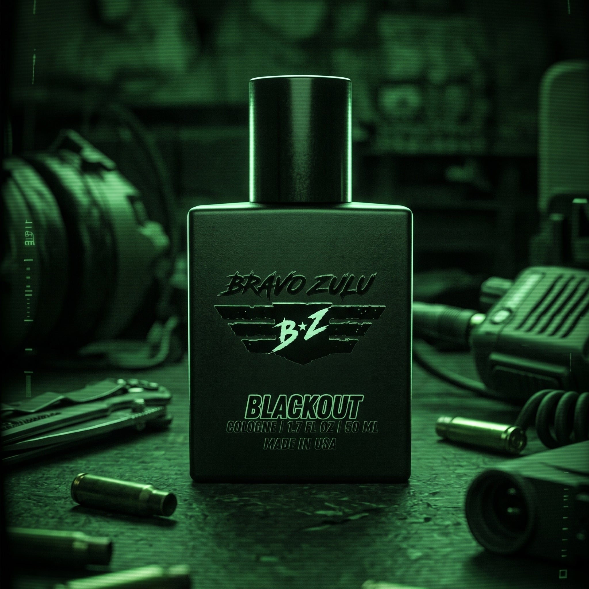 A tactical product shot viewed through a bright green night vision lens filter, featuring the BRAVO ZULU BLACKOUT cologne bottle centered as an aggressive, tactical masterpiece. The heavy matte black glass bottle stands upright on a rugged surface scattered with brass bullet casings, a tactical folding knife, and radio equipment, reinforcing a mission-first mindset for men who defend the perimeter and hunt down the things that bump in the night. The front branding, illuminated in a monochromatic green glow,