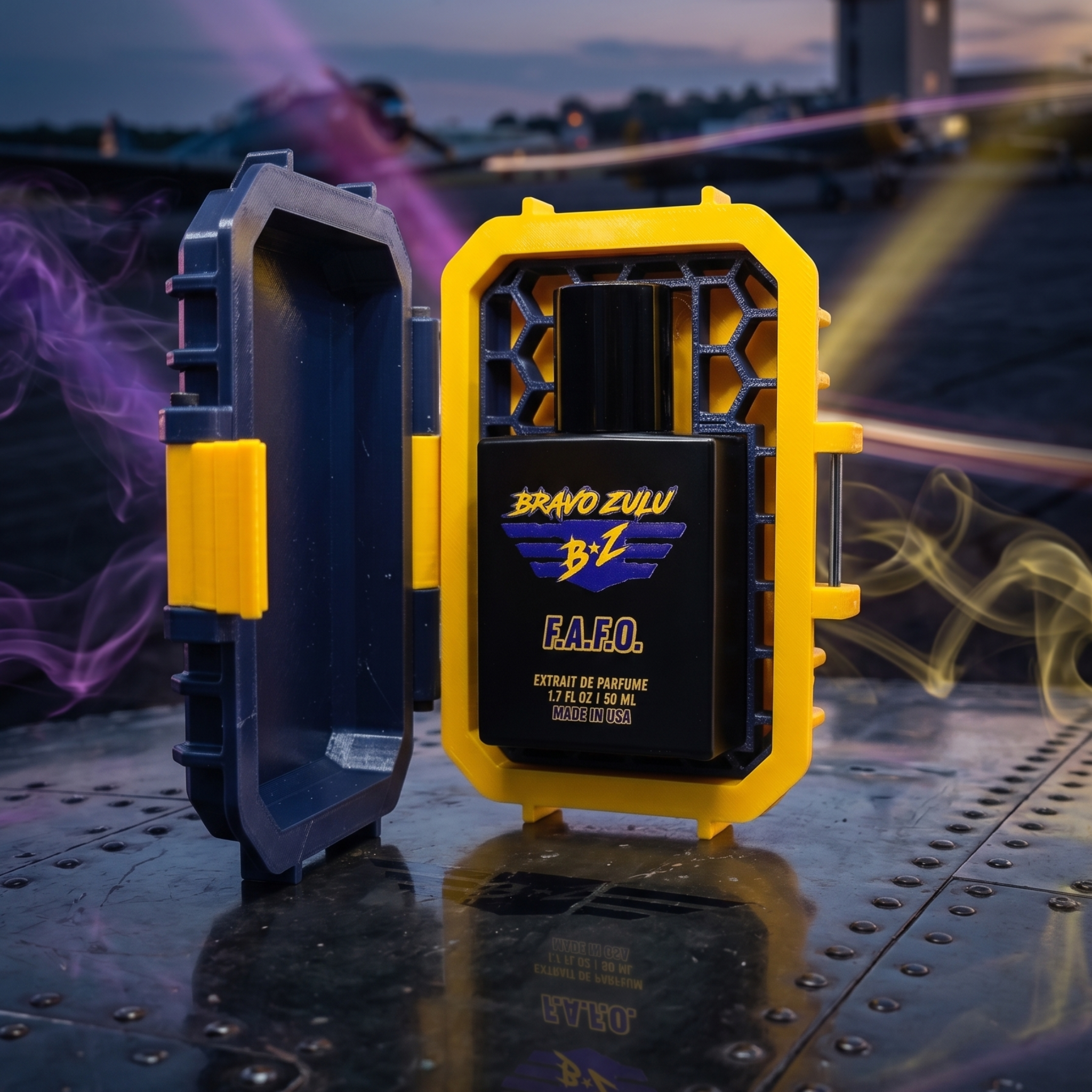 Premium hardware deployment of F.A.F.O. Extrait de Parfum by Flagship Soap Company. The rugged, custom-engineered protective case is open, showcasing the matte black glass cologne bottle nestled securely within a yellow honeycomb tactical insert. The case features high-visibility Tactical Blue and Strike Yellow contrast accents. Set on a dark, riveted metal surface reflecting the bottle, the scene is framed by purple and yellow smoke lines against a twilight airfield background, capturing an elite, tactical
