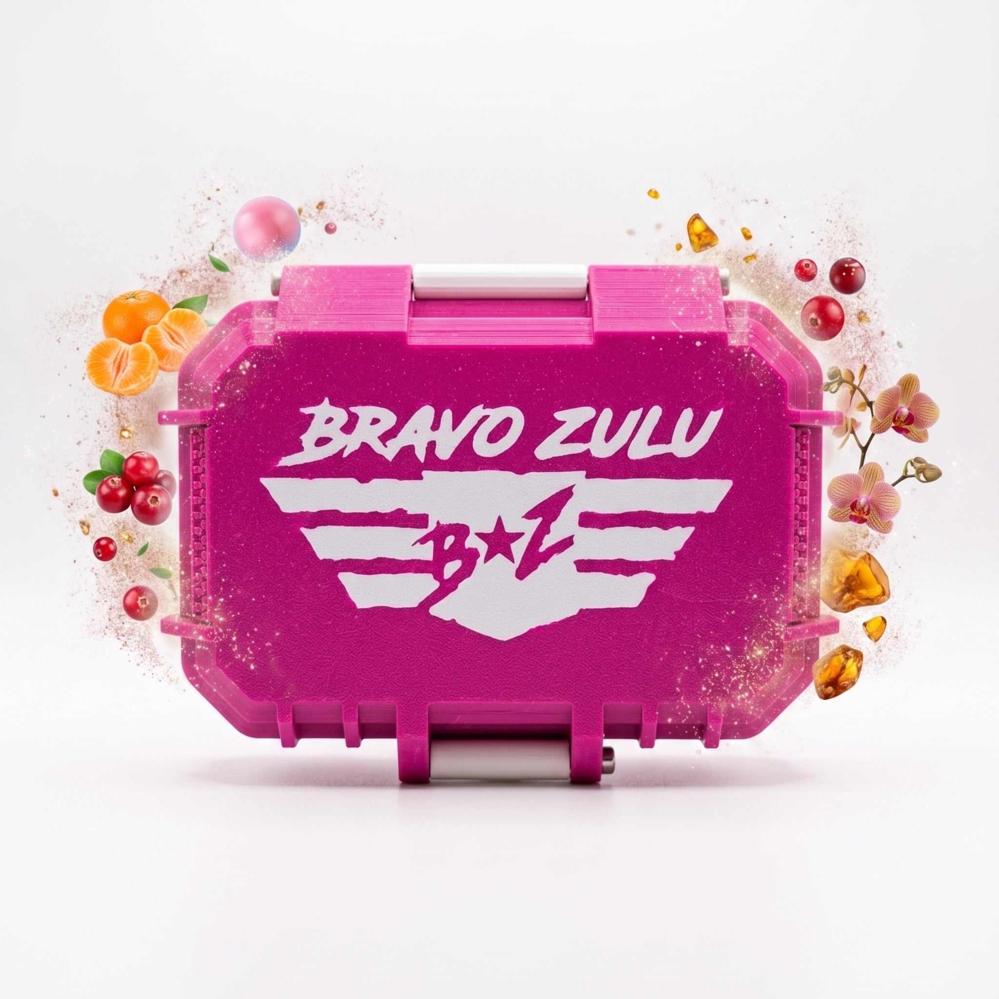A centered, front-facing product shot of the closed Bravo Zulu MERICAN WOMAN custom tactical protective case on a crisp white studio background. The rugged, custom-engineered case is finished in a striking Elite Pink with clean white contrast latches and features the white winged B★Z logo. Floating dynamically around the hardware are physical representations of its scent architecture: juicy Florida tangerines, tart red berries, a pink bubblegum sphere, exotic midnight orchids, and warm golden amber crystals