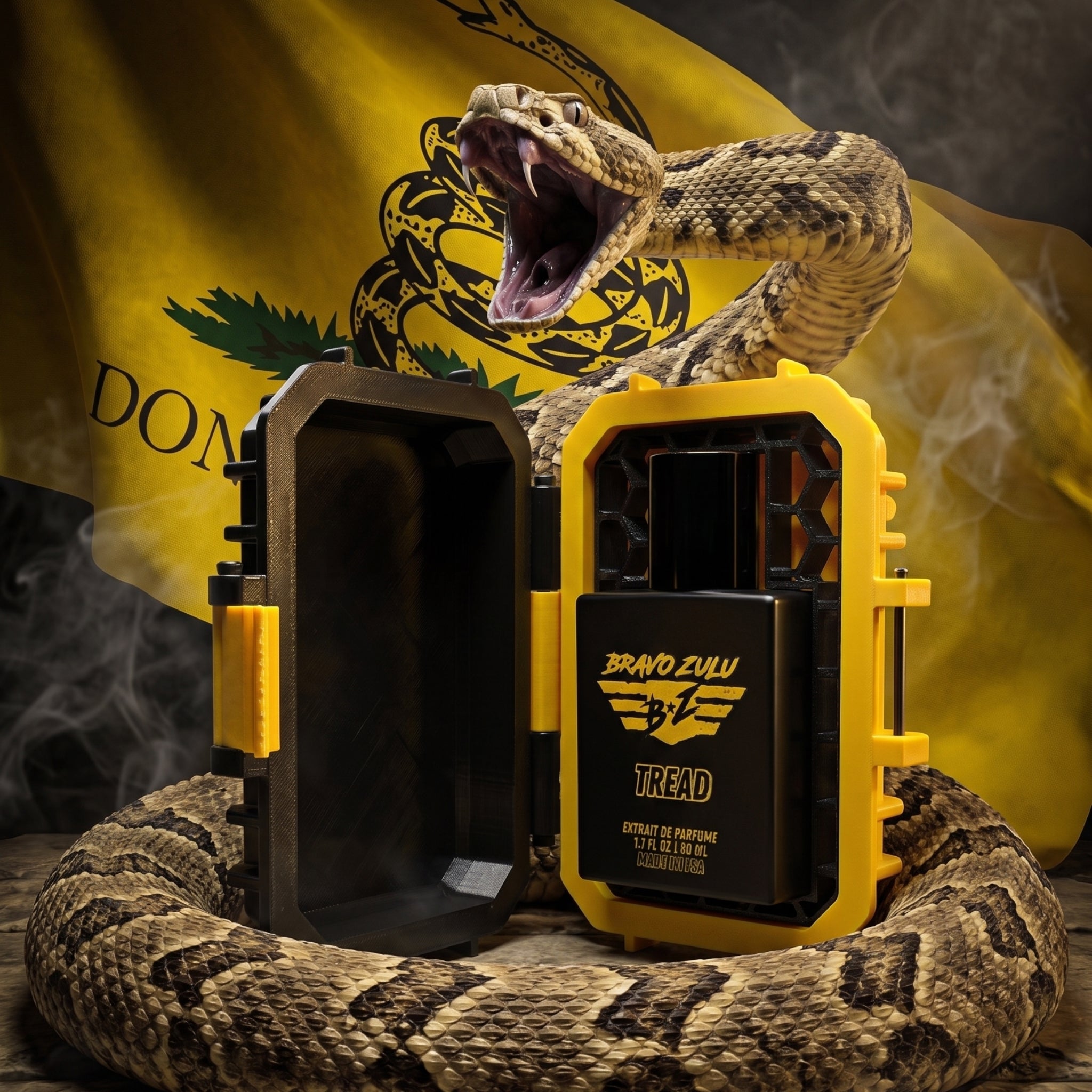 Aggressive product display for TREAD Extrait de Parfum by Flagship Soap Company. In the center, the custom-engineered tactical case stands wide open, featuring a rugged matte black lid on the left and a high-visibility strike yellow base on the right. The matte black glass bottle is vertically docked inside the yellow base, framed by a black structural honeycomb grid insert, and displays a yellow "Bravo Zulu" logo, the name "TREAD", and base text reading "EXTRAIT DE PARFUME | 1.7 FL OZ | 50 ML | MADE IN USA