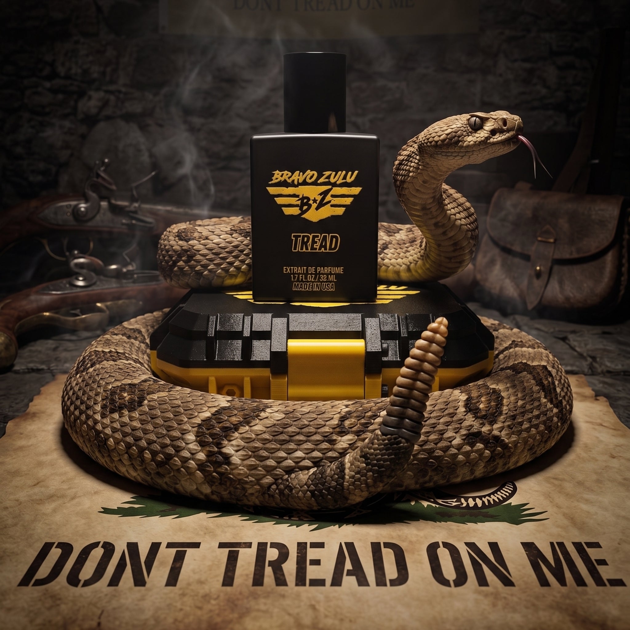 High-impact, tactical product shot for TREAD Extrait de Parfum by Flagship Soap Company. The heavy, matte black glass cologne bottle stands upright on top of its closed custom tactical case, which features an aggressive matte black top and high-visibility strike yellow base. A highly detailed, realistic rattlesnake coils completely around the base of the setup, extending its head with its tongue out to the right of the bottle, while its rattle is raised prominently in the center foreground. The bottle featu