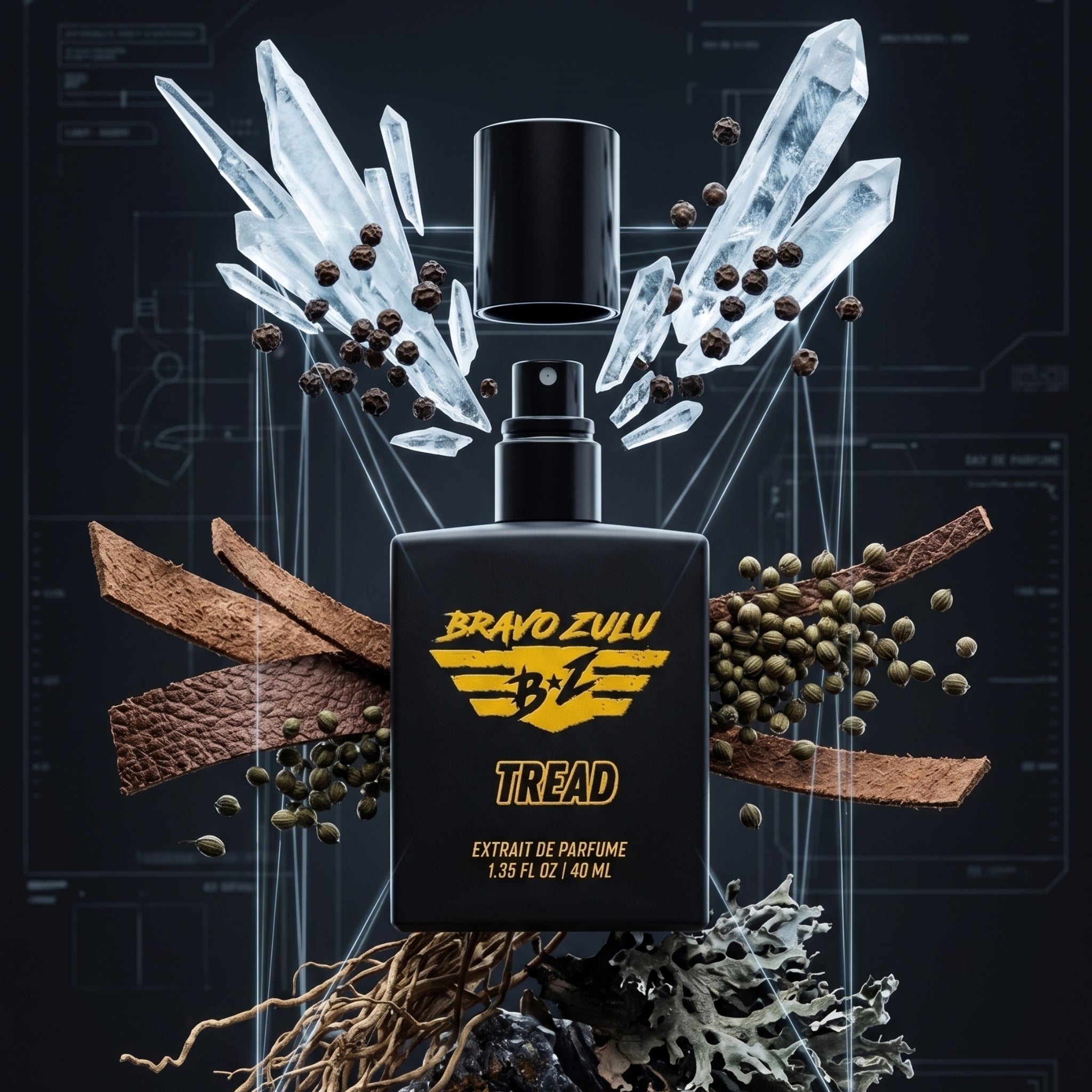 Technical, deconstructed product visualization of TREAD Extrait de Parfum by Flagship Soap Company. In the center, a heavy tactical matte black glass bottle is shown with its cap hovering above the ultra-fine atomizer nozzle. The front displays a sharp yellow "Bravo Zulu" logo, the name "TREAD", and the label "EXTRAIT DE PARFUME | 1.35 FL OZ | 40 ML". Surrounding the hardware, raw ingredients representing the scent architecture are suspended on vertical blueprint lines: sharp, icy crystal shards and raw bla