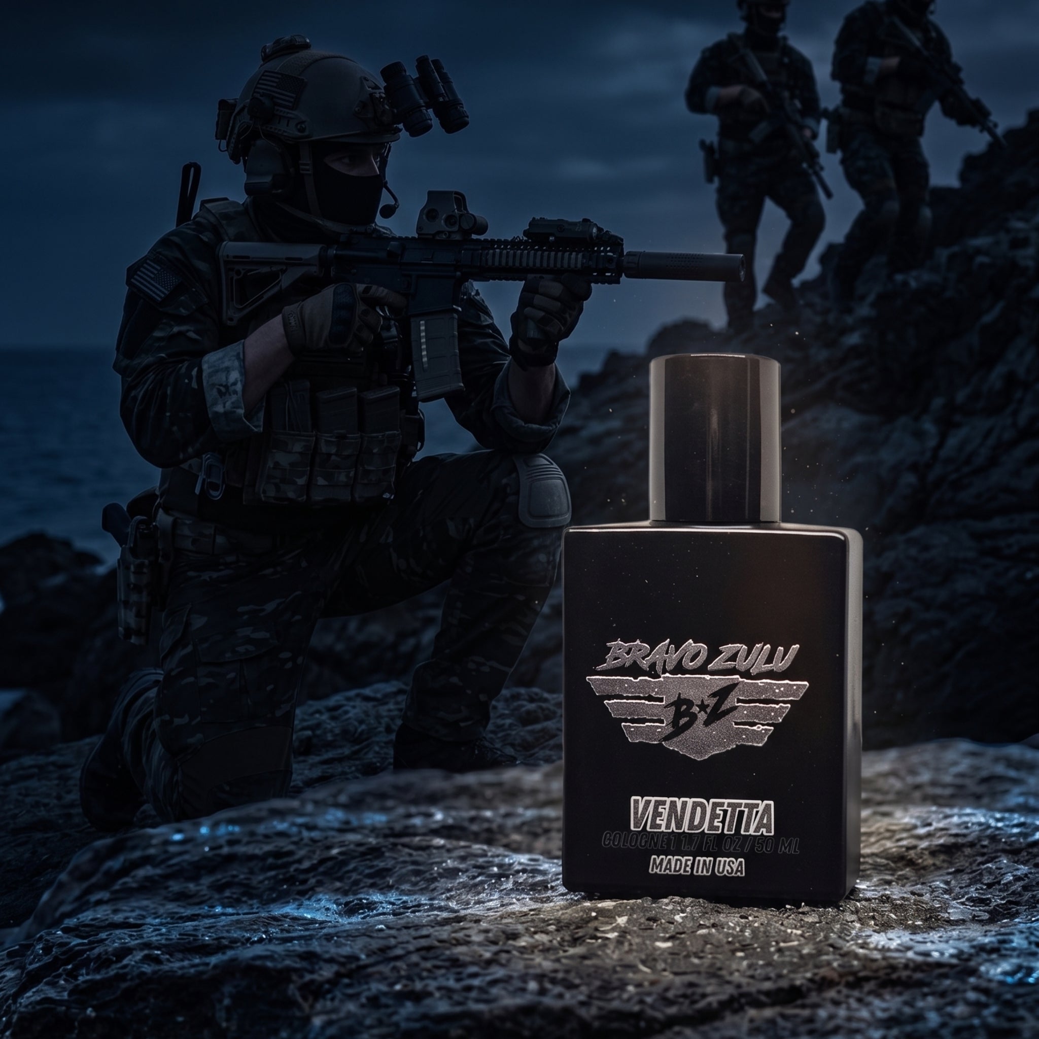A high-impact product photograph featuring the Bravo Zulu VENDETTA cologne bottle prominently positioned in the right foreground, set against a dark night tactical military backdrop.

The heavy, tactical matte black glass bottle is anchored on a rugged, dark coastal rock formation. The silver-embossed hardware on the front of the bottle clearly displays the "BRAVO ZULU B★Z" winged shield insignia and "VENDETTA" branding, detailed with "COLOGNE | 1.7 FL OZ / 50 ML | MADE IN USA".

In the immediate background