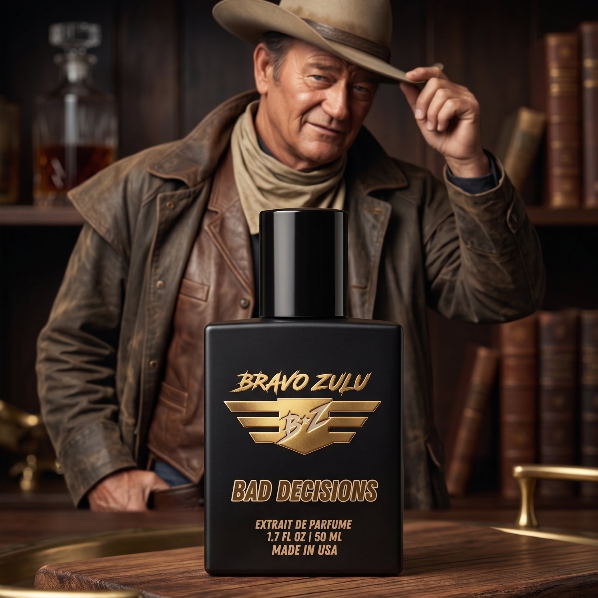 Matte black tactical glass bottle of Bravo Zulu BAD DECISIONS Extrait de Parfum by Flagship Soap Company, displayed on a rustic wood tray. The 30% concentration premium whiskey-themed cologne features gold texturing. In the atmospheric, moody background, a rugged man resembling John Wayne tips his cowboy hat in a dimly lit study with a glass decanter and books.