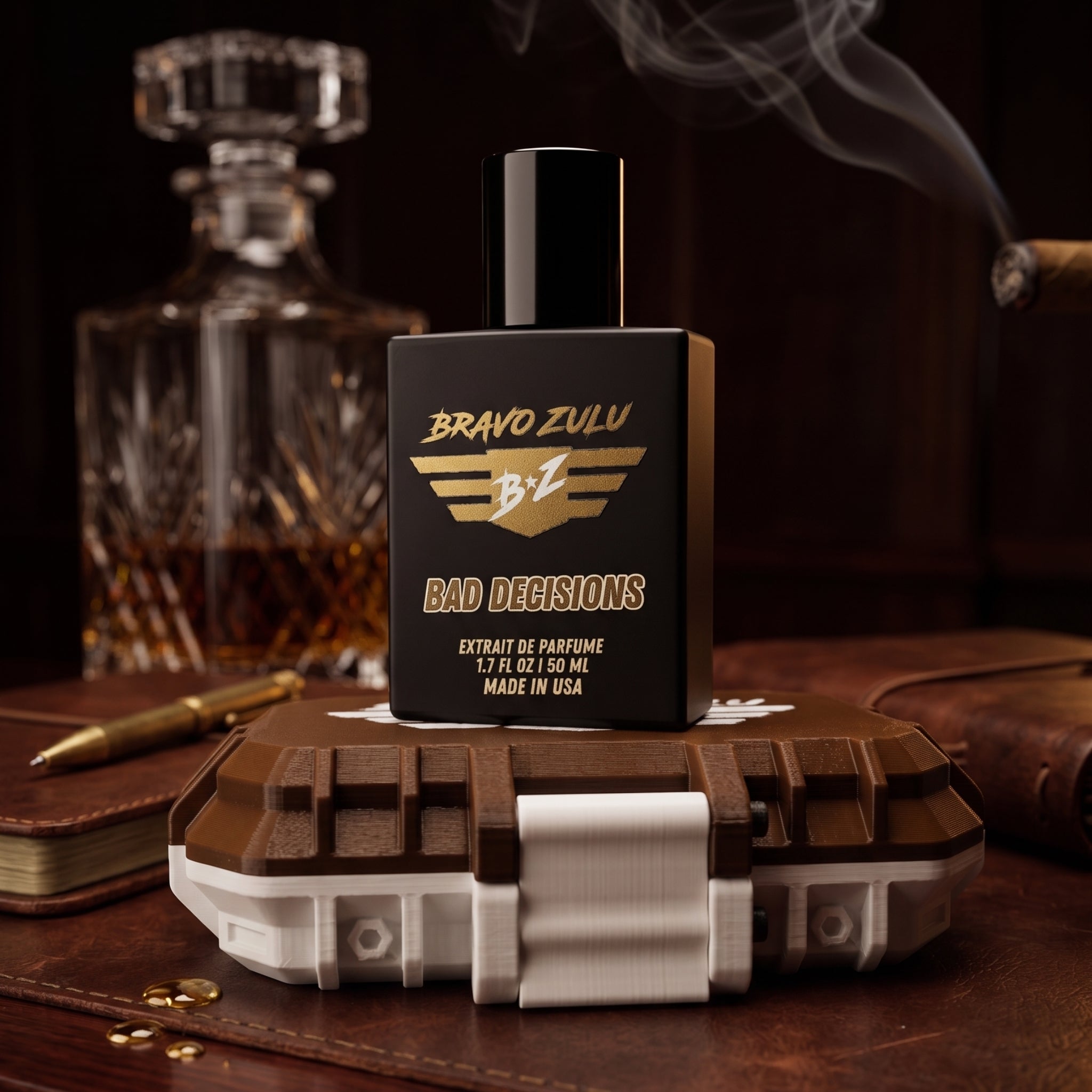 Product image of Bravo Zulu BAD DECISIONS 40ml men's cologne by Flagship Soap Company. The tactical matte black glass bottle sits on its rugged brown and white protective case in a speakeasy lounge setting, capturing the warm, boozy essence of aged barrel-proof bourbon, charred white oak, rich vanilla bean, and deep masculine musk with a 30% fragrance oil concentration.