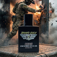 A matte black bottle of Breach Extrait de Parfum by Bravo Zulu sitting on a rugged, olive drab tactical gear case. In the background, a military operator in full combat gear and a helmet breaches a metal door amidst an explosion with fire, flying debris, and dark smoke. The bottle features a prominent silver and green wings logo.