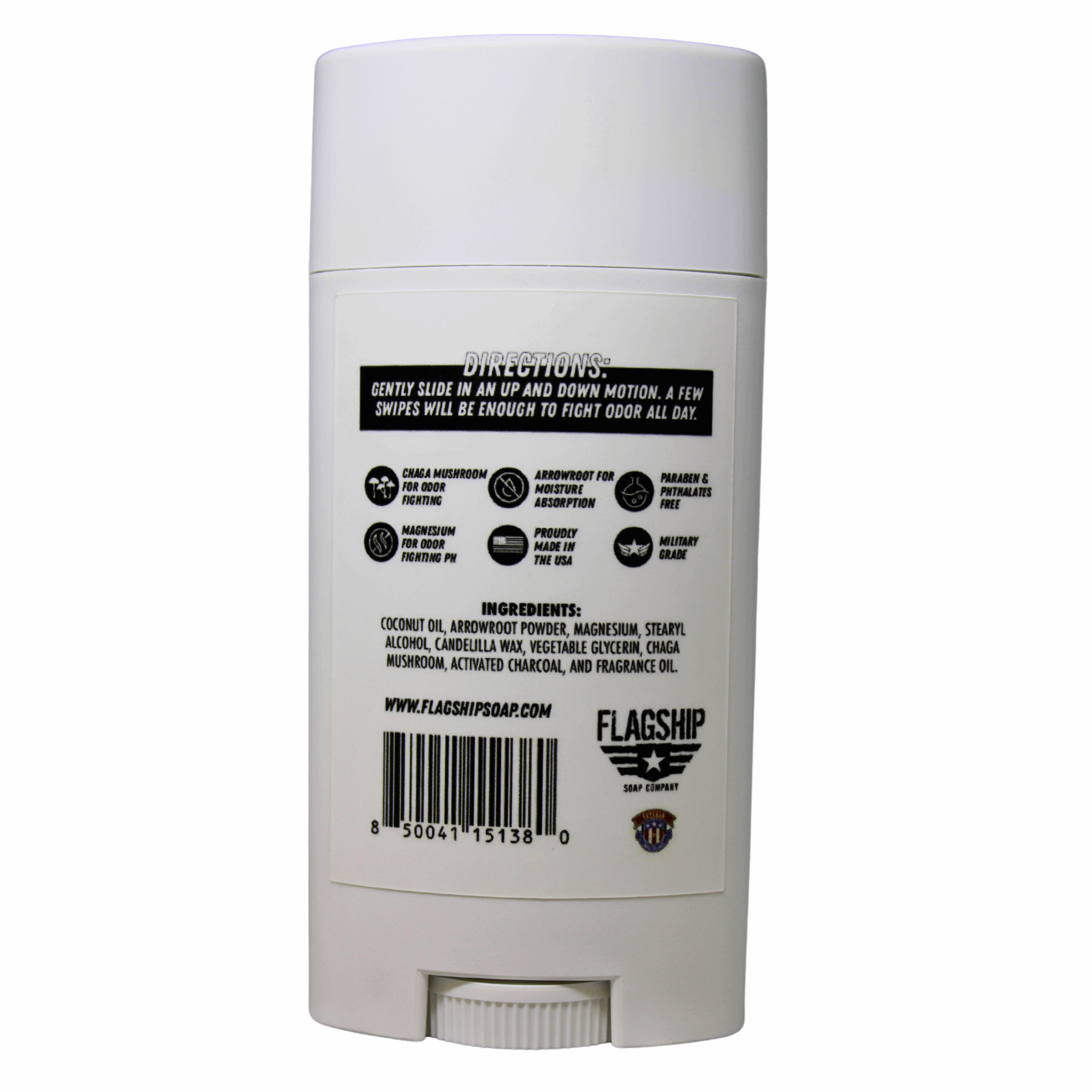 Back Label: Ingredients and benefits of Essential Natural Deodorant.
