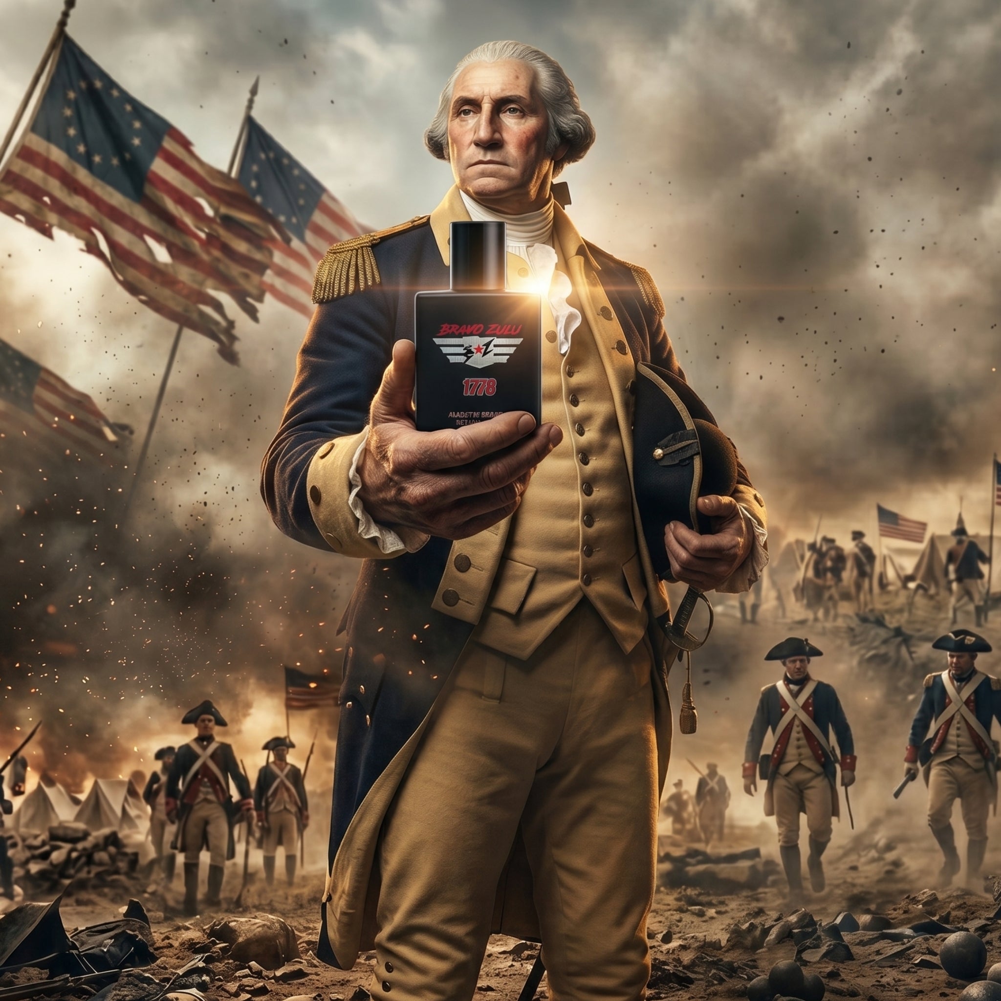 A photorealistic, highly detailed image captures George Washington in his full Continental Army uniform, standing on a chaotic Revolutionary War battlefield. He holds a matte black cologne bottle, the '1776 — Extrait de Parfum', which reflects the intense sunlight and smoke of the surrounding battle. Behind him, massive tattered American and Betsy Ross flags fly, and numerous soldiers engage in combat and march through the debris. The bottle's label features a bold silver eagle and star, with '1776' in red 