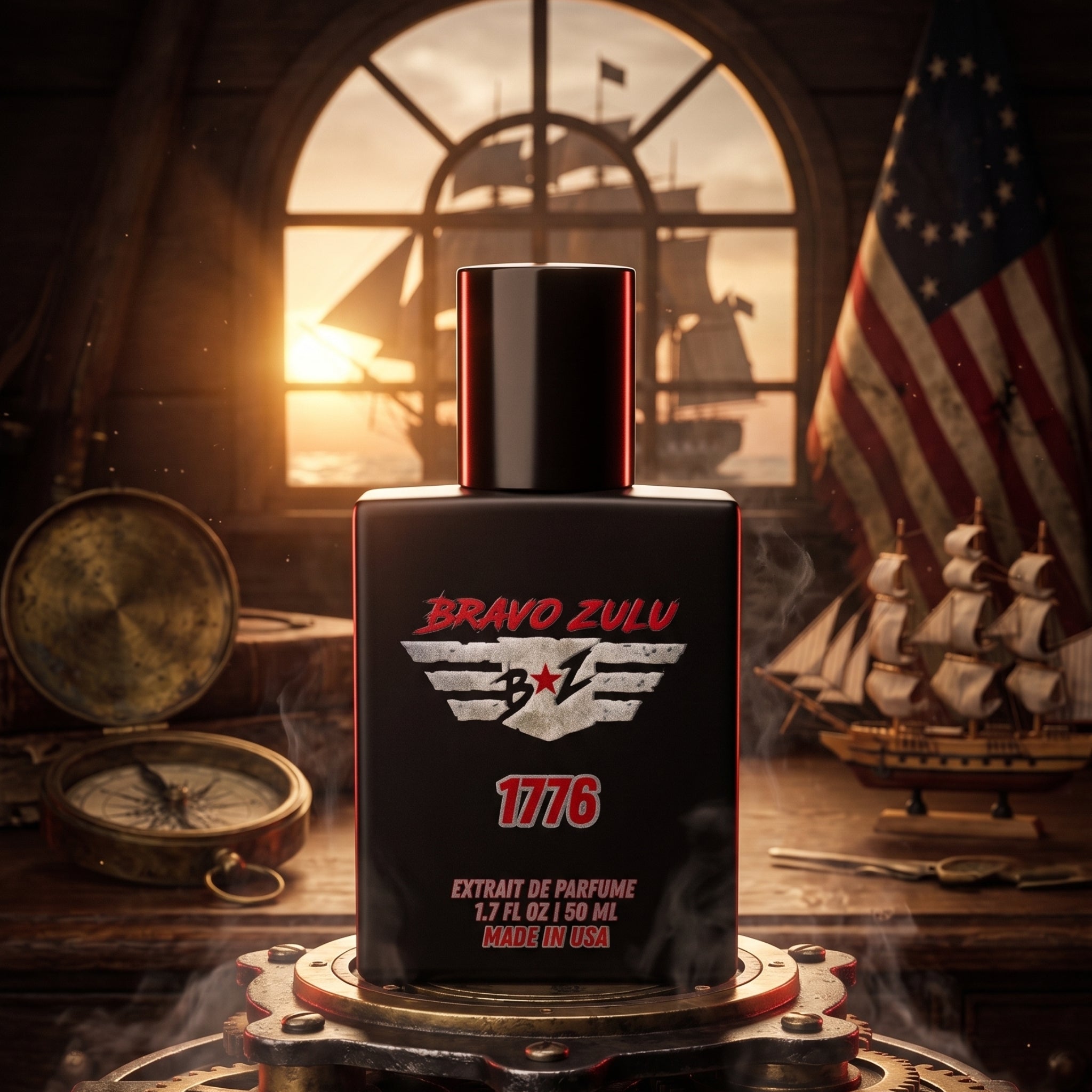 Bravo Zulu's 1776 Extrait de Parfum matte black cologne bottle sits on an industrial metal gear pedestal with wisps of smoke. The background features a detailed colonial sea captain's cabin layout complete with a vintage brass compass, a model ship, a tattered Betsy Ross flag, and a large arched window revealing a tall ship at sunset. The bottle label clearly showcases the silver wings logo and bold red 1776 branding, emphasizing the heritage and aggressive masculine profile of this 30% oil concentration Am