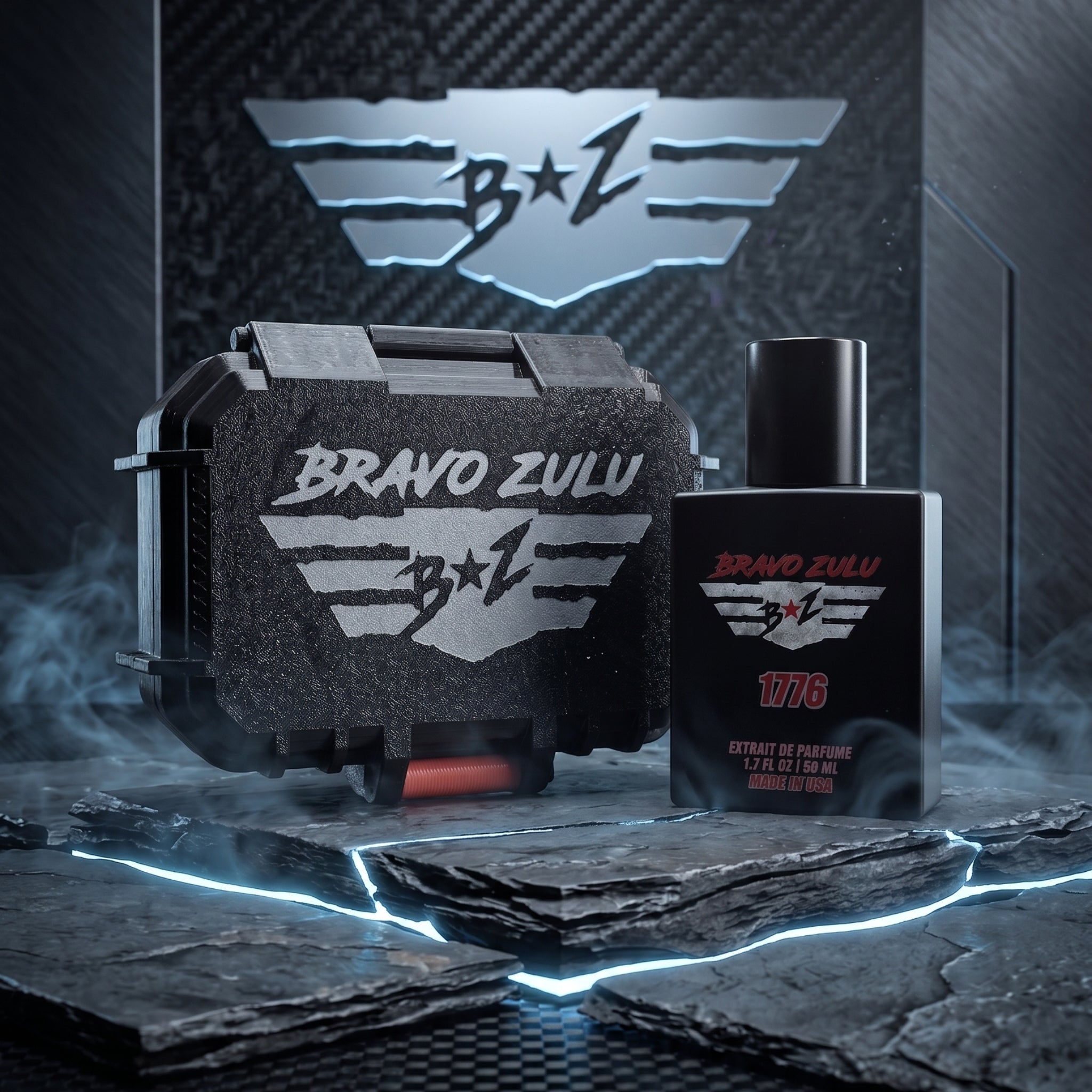 ravo Zulu's 1776 Extrait de Parfum matte black cologne bottle and its rugged, textured tactical protective case resting on dark slate rock slabs with neon-blue edge lighting and drifting smoke. The background features a tactical, brushed metallic and carbon-fiber paneling design with a large, glowing metallic wings logo. The bottle label clearly showcases the silver wings emblem and bold red 1776 text, highlighting this high-performance, 30% oil concentration American-made Bay Rum fragrance.