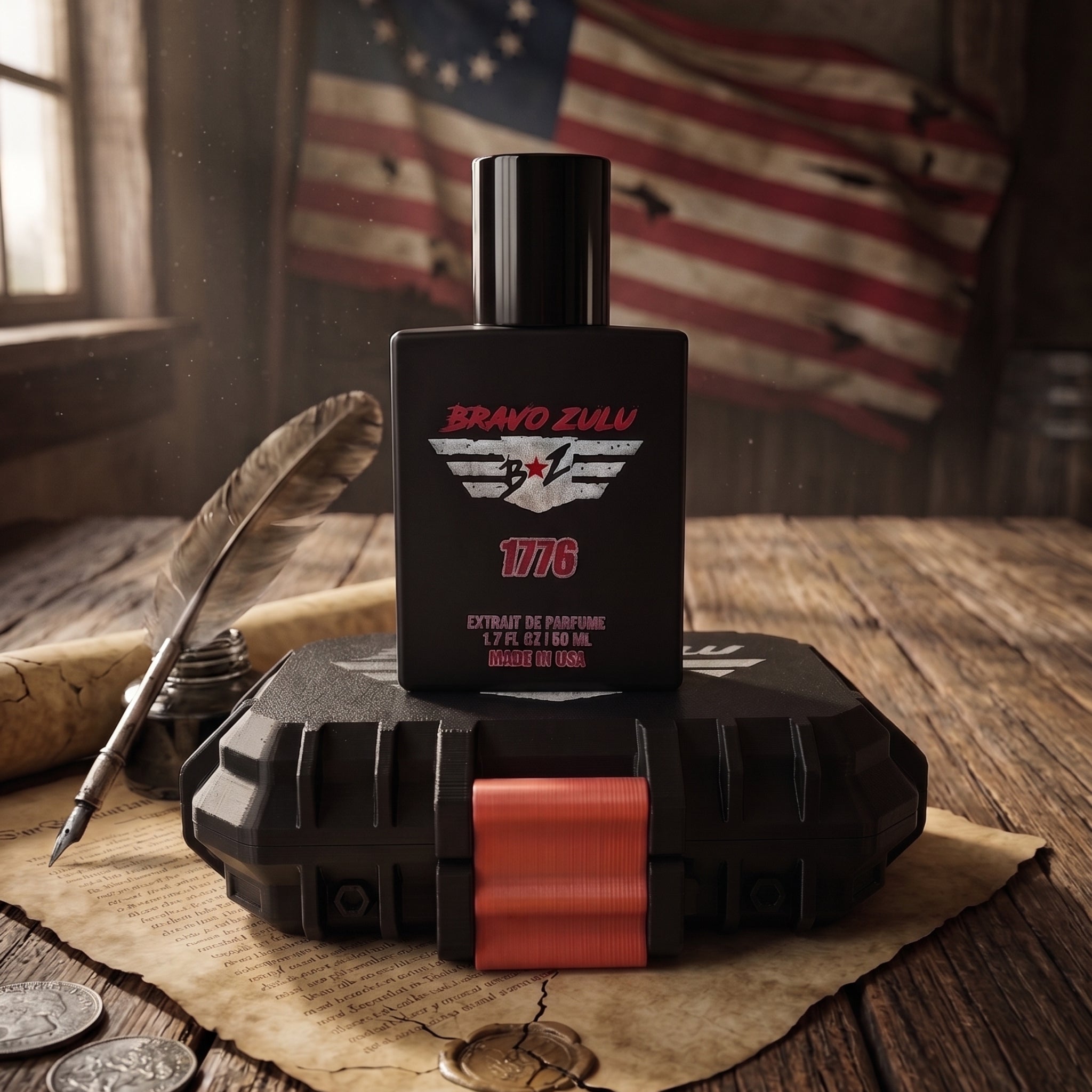 A Bravo Zulu 1776 Extrait de Parfum matte black cologne bottle stacked on its rugged tactical case with a crimson red latch closure. The product rests on vintage parchment documents alongside an antique quill pen on a rustic wooden table. The atmospheric background feature includes a tattered Betsy Ross early American flag hanging on a wooden wall, capturing the revolutionary, bold spirit of this American-made 30% concentration Bay Rum masculine fragrance.