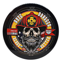 roduct label for Hose Dragger beard butter by Flagship Soap Company, featuring a bearded skull in a red firefighter helmet with an American flag background and "Patriot" branding.