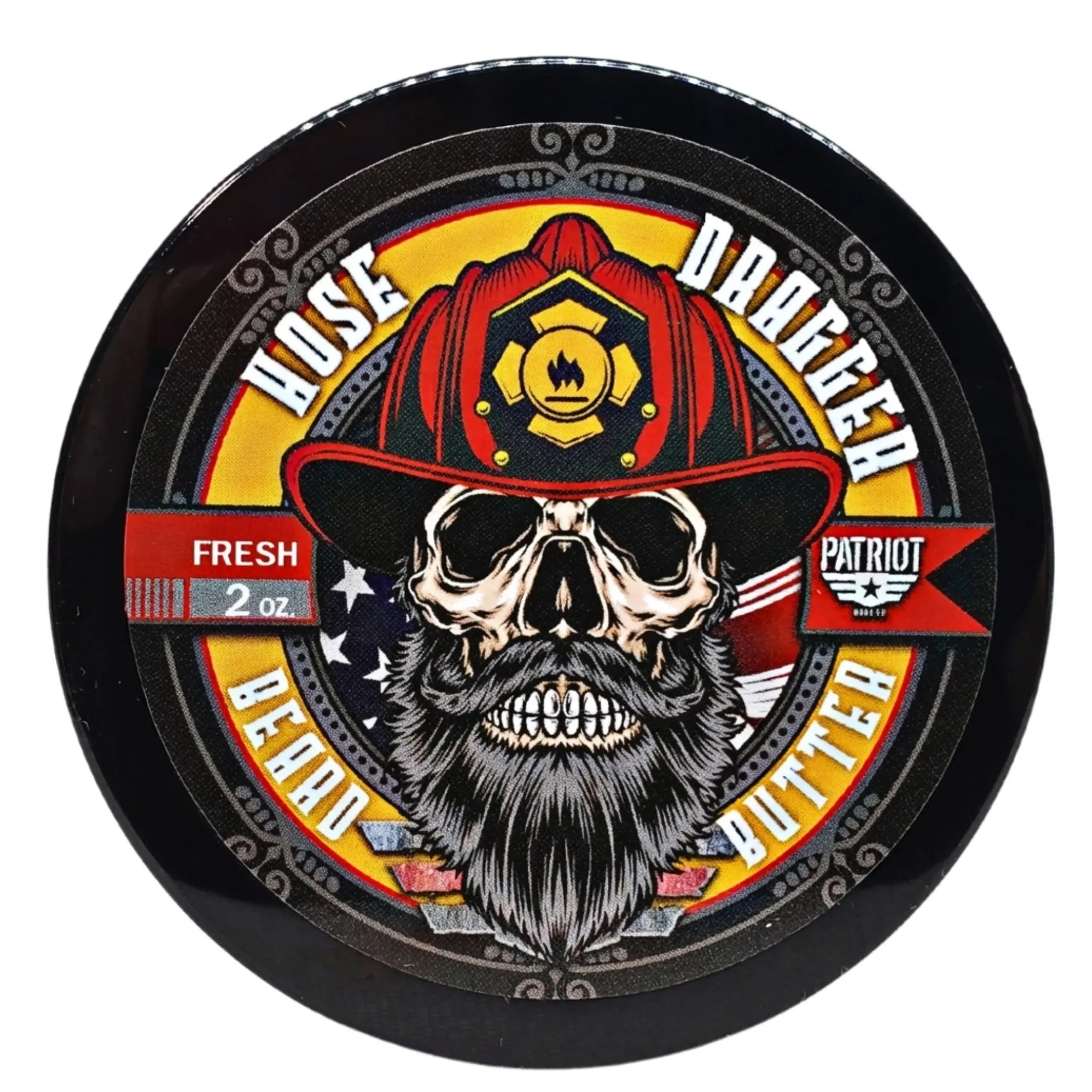 roduct label for Hose Dragger beard butter by Flagship Soap Company, featuring a bearded skull in a red firefighter helmet with an American flag background and "Patriot" branding.