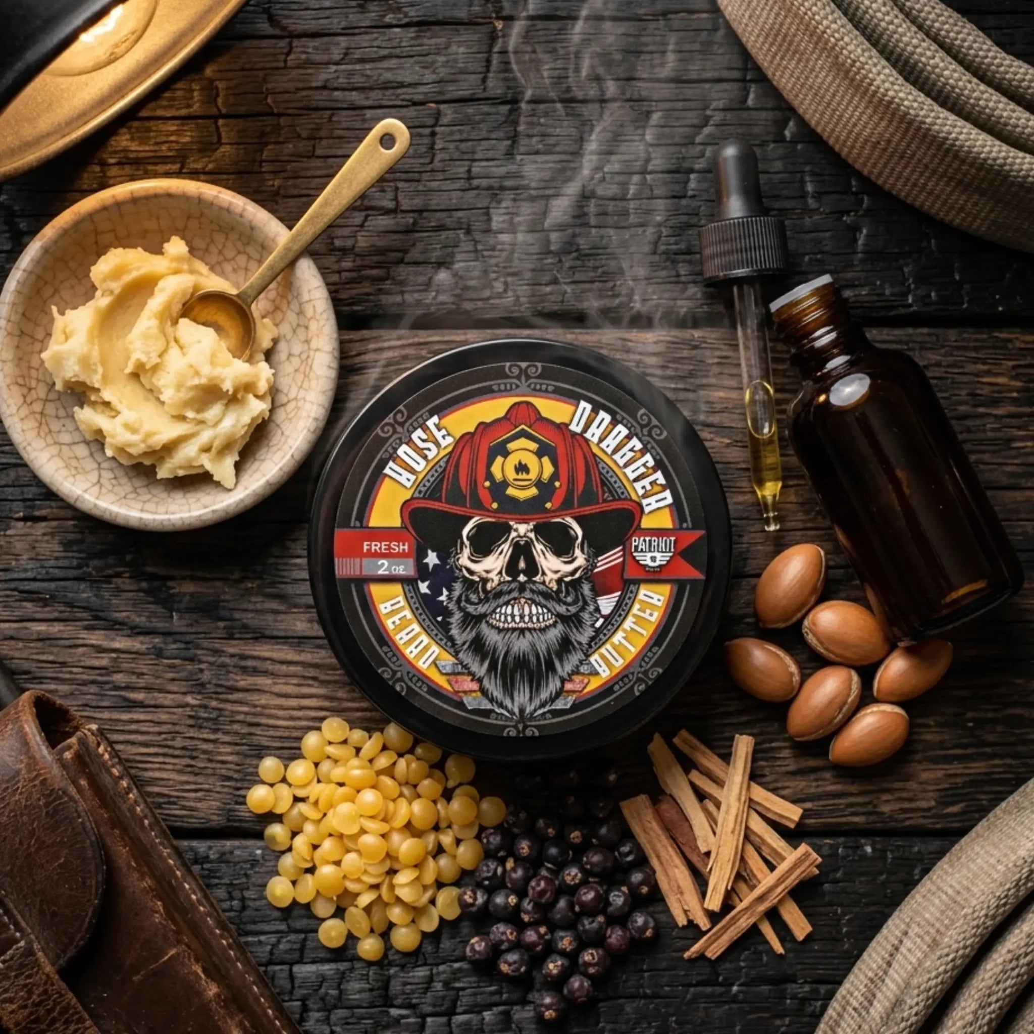 tin of Hose Dragger "Fresh" scented beard butter displayed with its natural ingredients: raw shea butter, beeswax pellets, jojoba nuts, cedar wood, and black pepper on a rustic dark wood background.