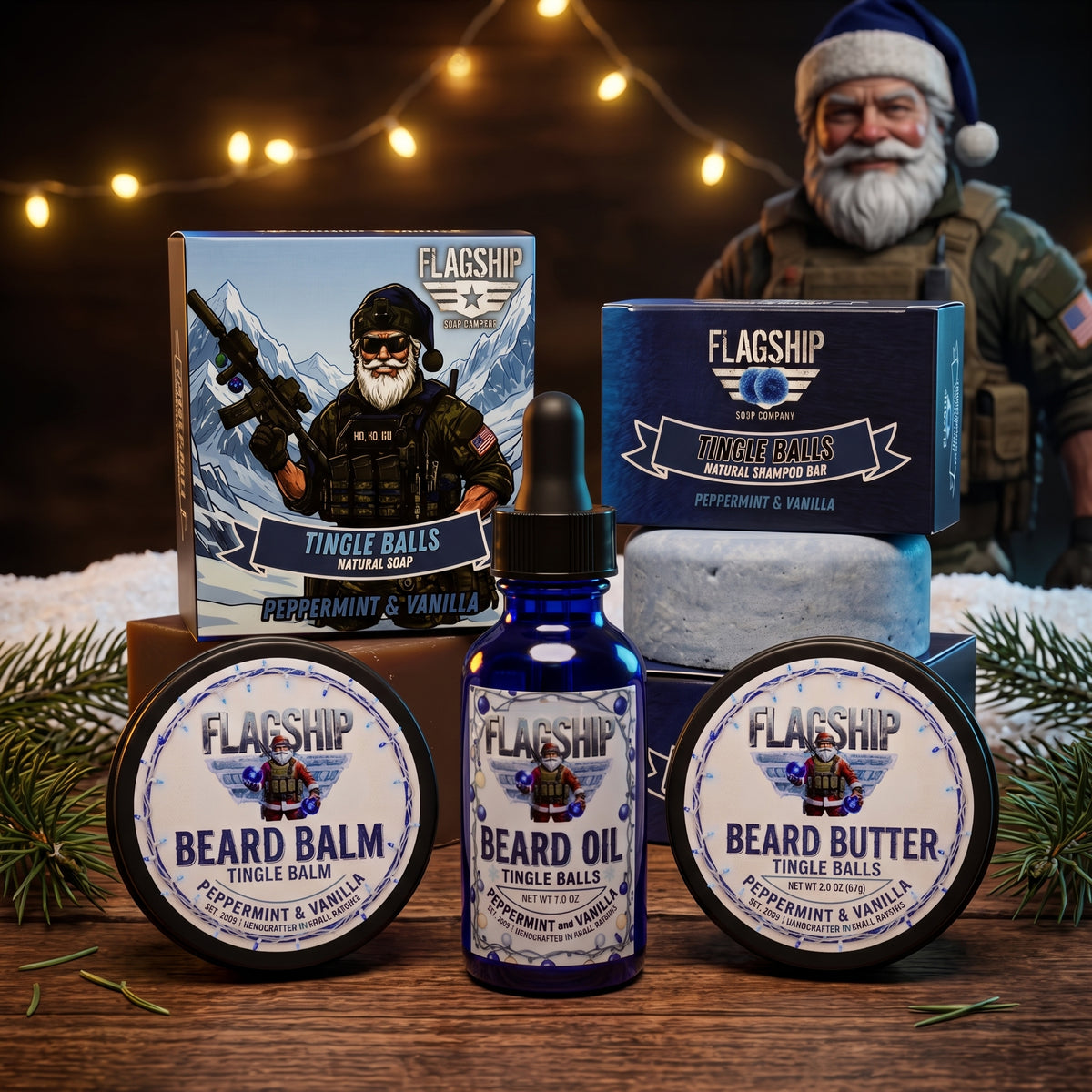 Tingle Balls Christmas Beard Gift Set | Oil, Balm, Butter, Soap &amp; Beard Wash - Peppermint &amp; Vanilla