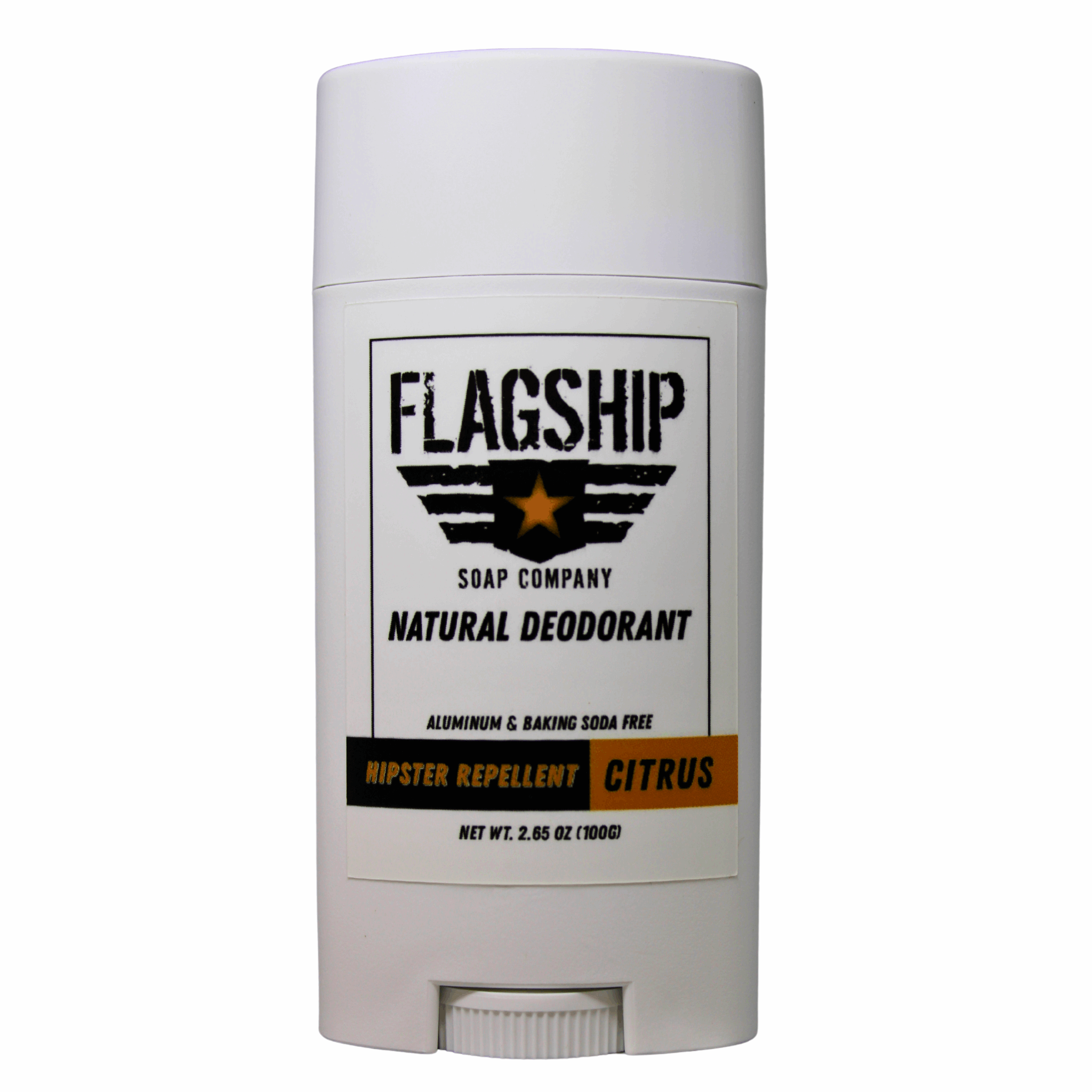 Front Label: Hipster Repellent Women's Natural Deodorant in modern, stylish packaging.