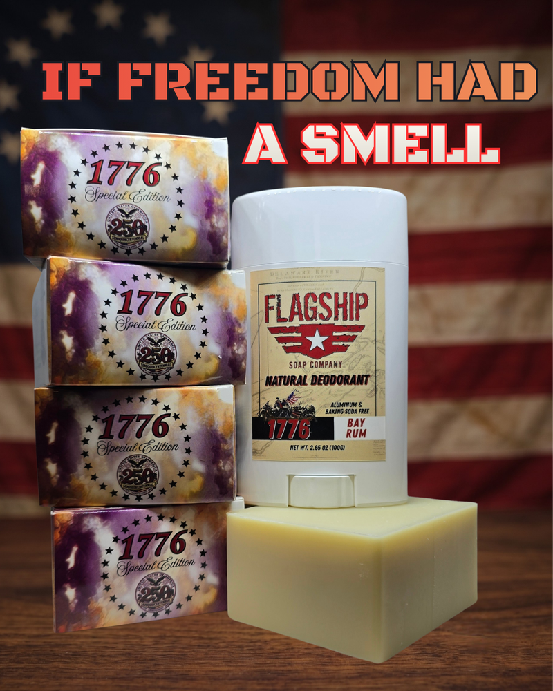 1776 Freedom Bundle — four bars of Revolutionary Bay Rum soap and a Bay Rum natural deodorant, styled with a Revolutionary War-era theme