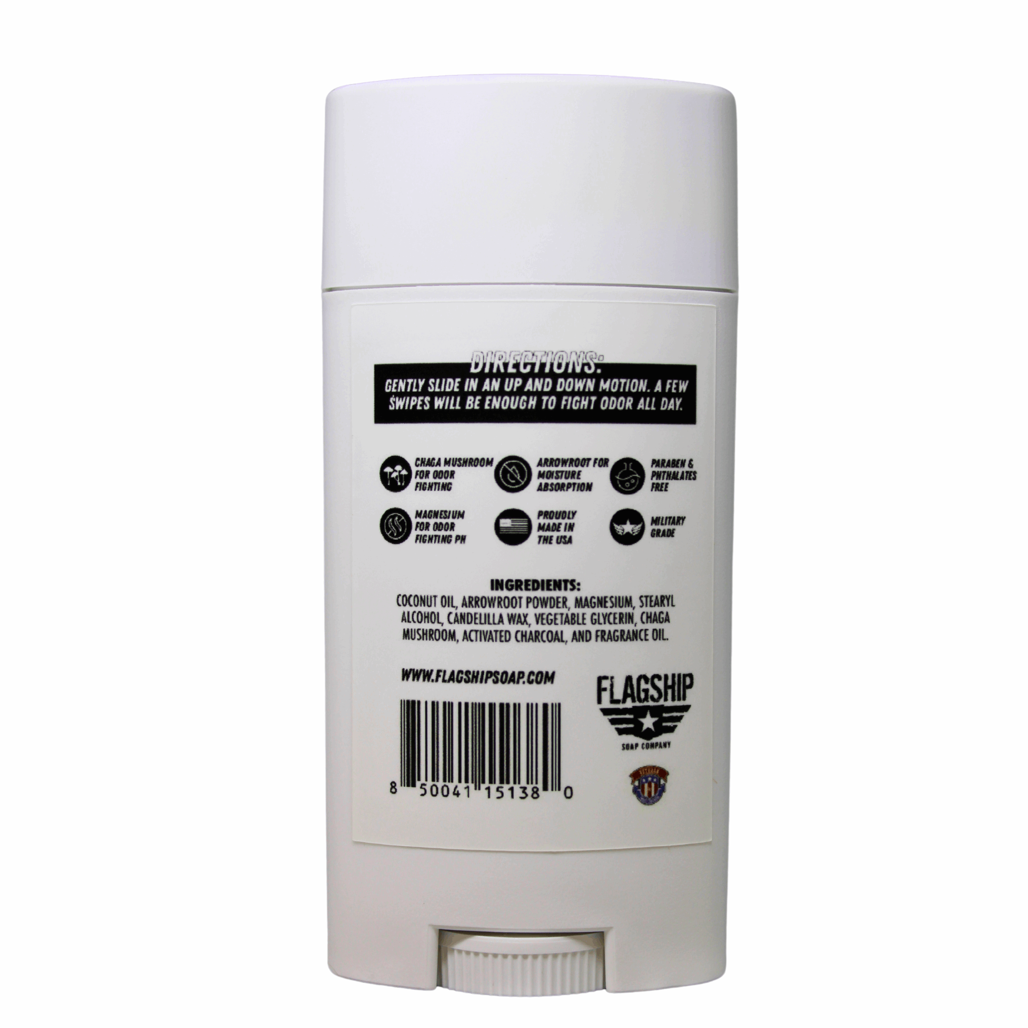 Back Label: Ingredient list and key features of Merican Woman Natural Deodorant.