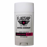 Front Label: Merican Woman Natural Deodorant in a bold and patriotic design.