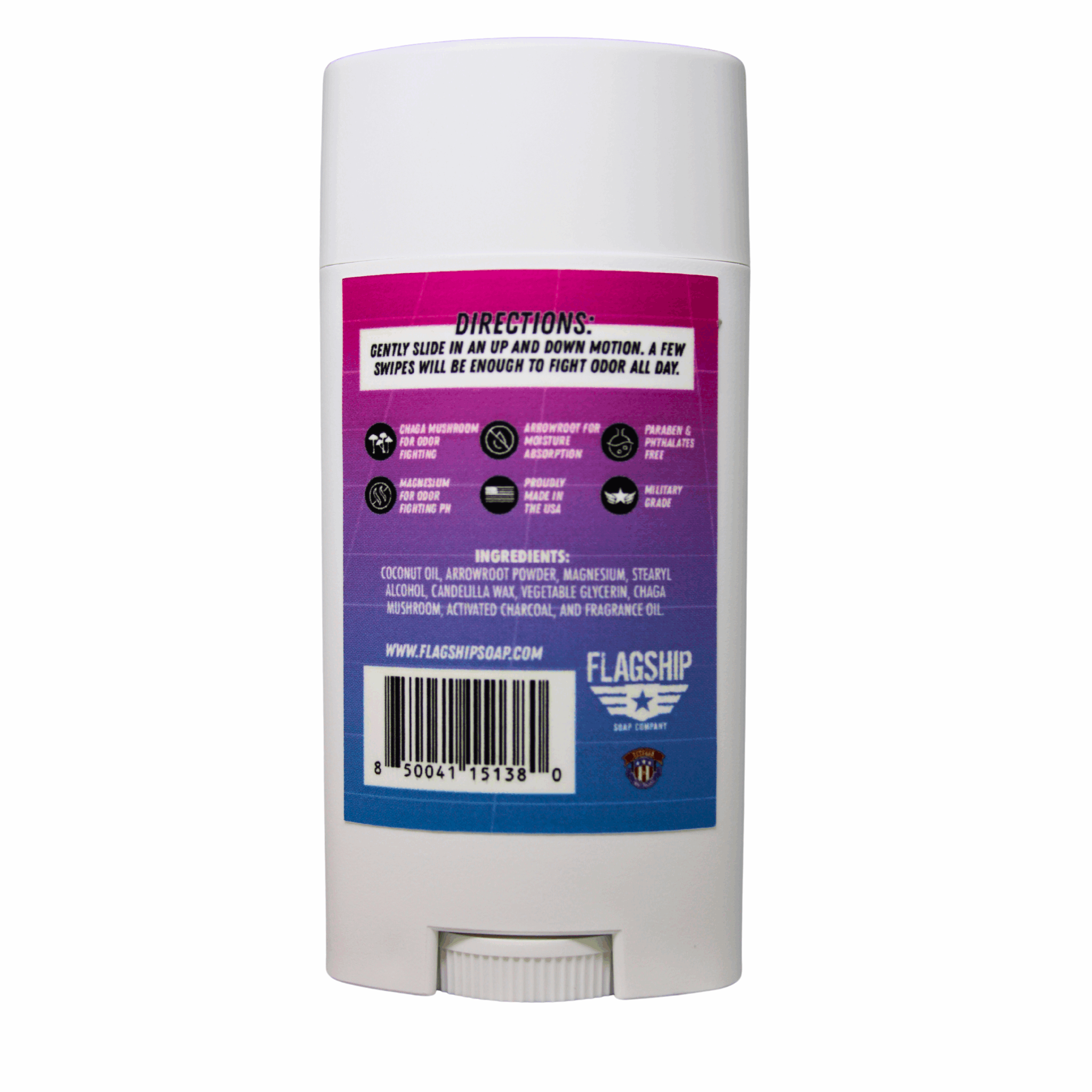 Back of product: Ingredients and key benefits of NARC Natural Deodorant.